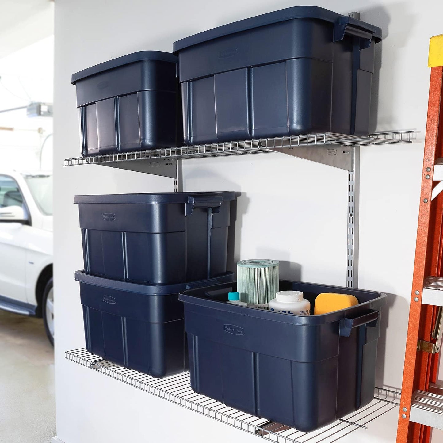Rubbermaid Roughneck Tote - 14 Gallon Stackable Storage Bins with Lids & Handles | Dark Indigo Metallic, 6 Pack