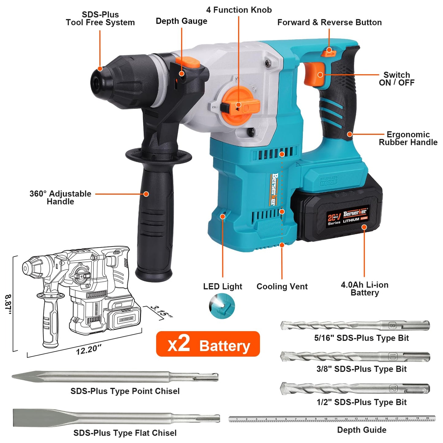 Berserker 20V Cordless 1-1/8" SDS-Plus Rotary Hammer Drill included 2X4.0Ah Li-ion Battery with 17pcs SDS Plus Drill Bits and Chisels Set with Storage Case
