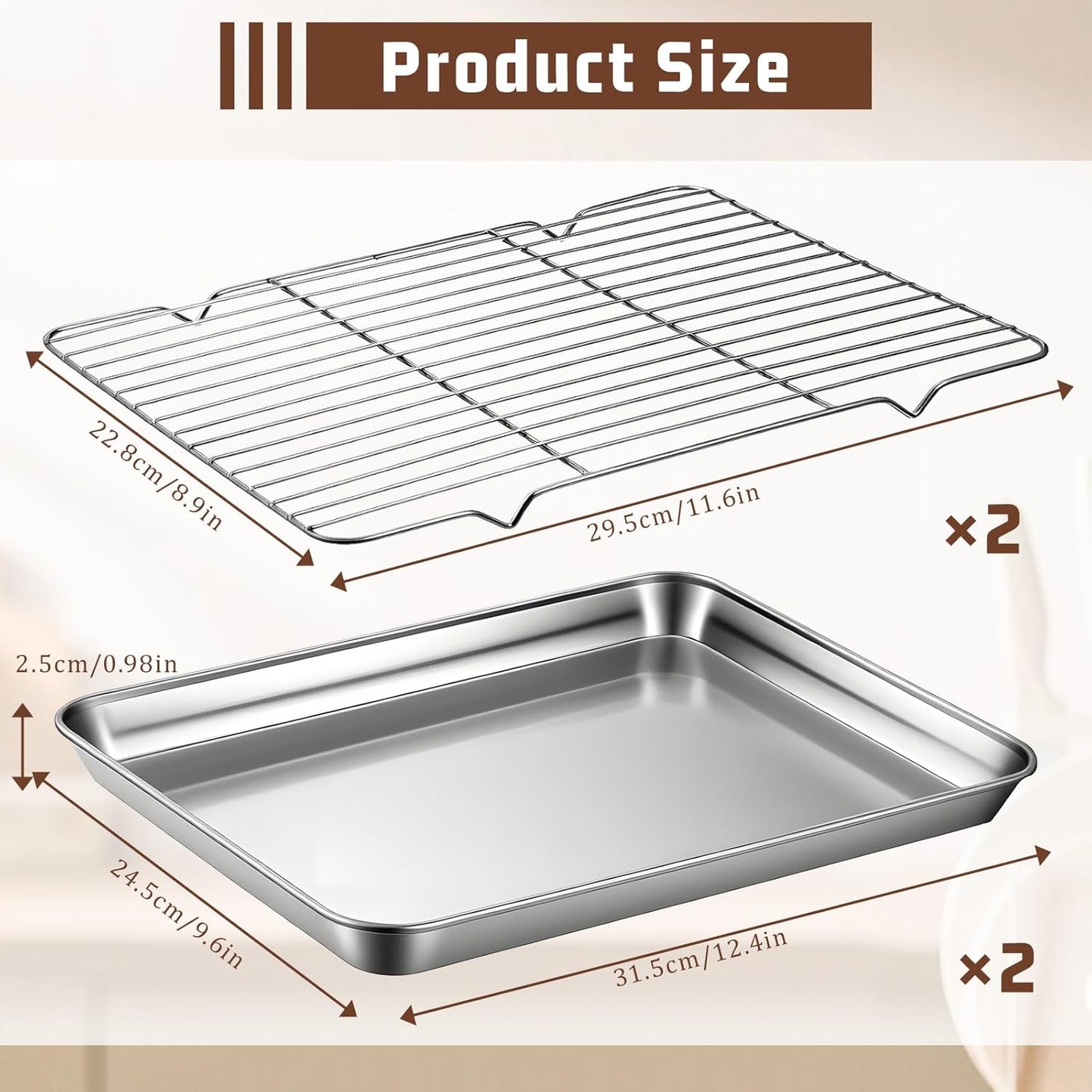 Stainless Steel Baking Sheet Set by [Brand Name] - 2 Pans & 2 Racks, Nonstick & Warp Resistant, 12.4 x 9.6 x 1.2 Inch
