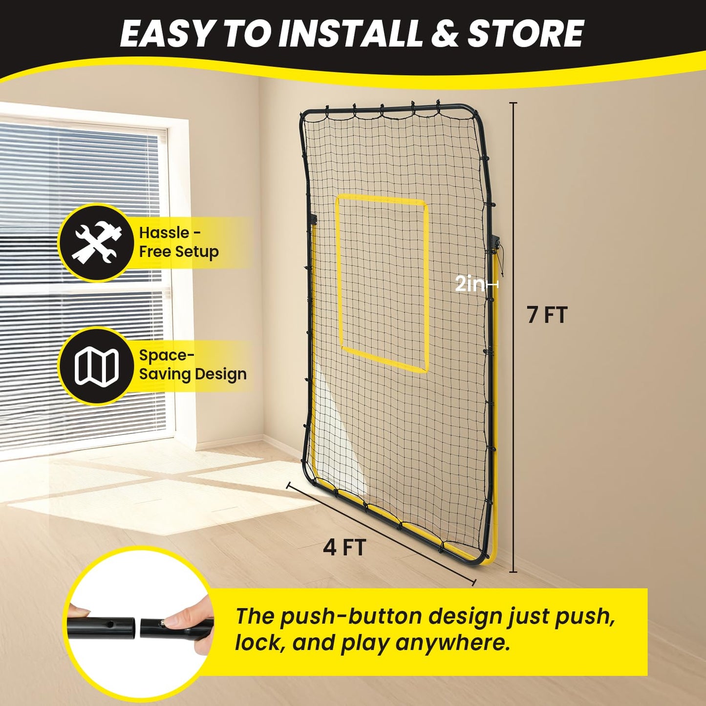BAGAIL Volleyball Rebounder Net 7x4 Ft, Bounce Back Training Equipment with Unique Curved Frame for Better Catching, 5 Adjustable Angles for Volleying & Spiking, Easy Set Up & Sturdy Base - Yellow