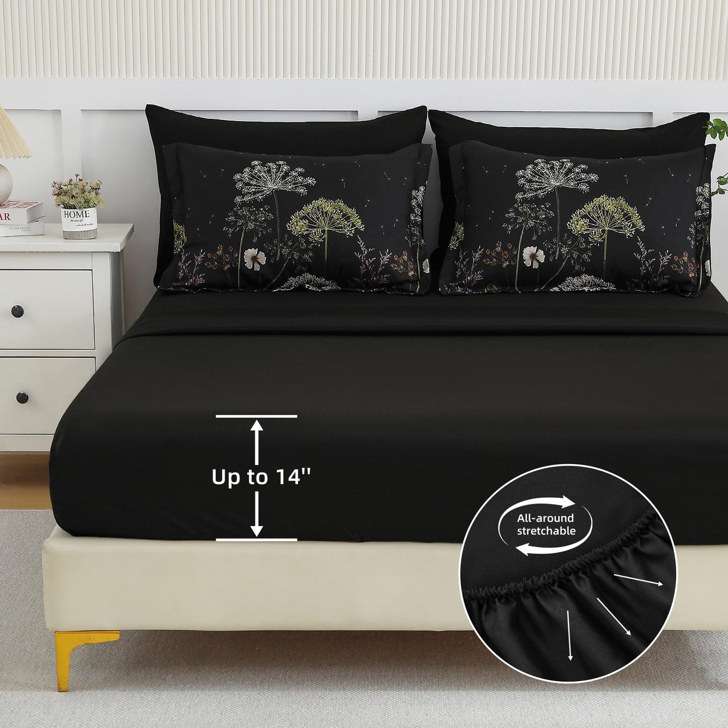Yiran Queen Comforter Set, 7 Piece Black Dandelion Floral Comforter Bedding Set, Winter Bed in a Bag Queen, Soft Microfiber Complete Bedding Set with Sheets for All Season