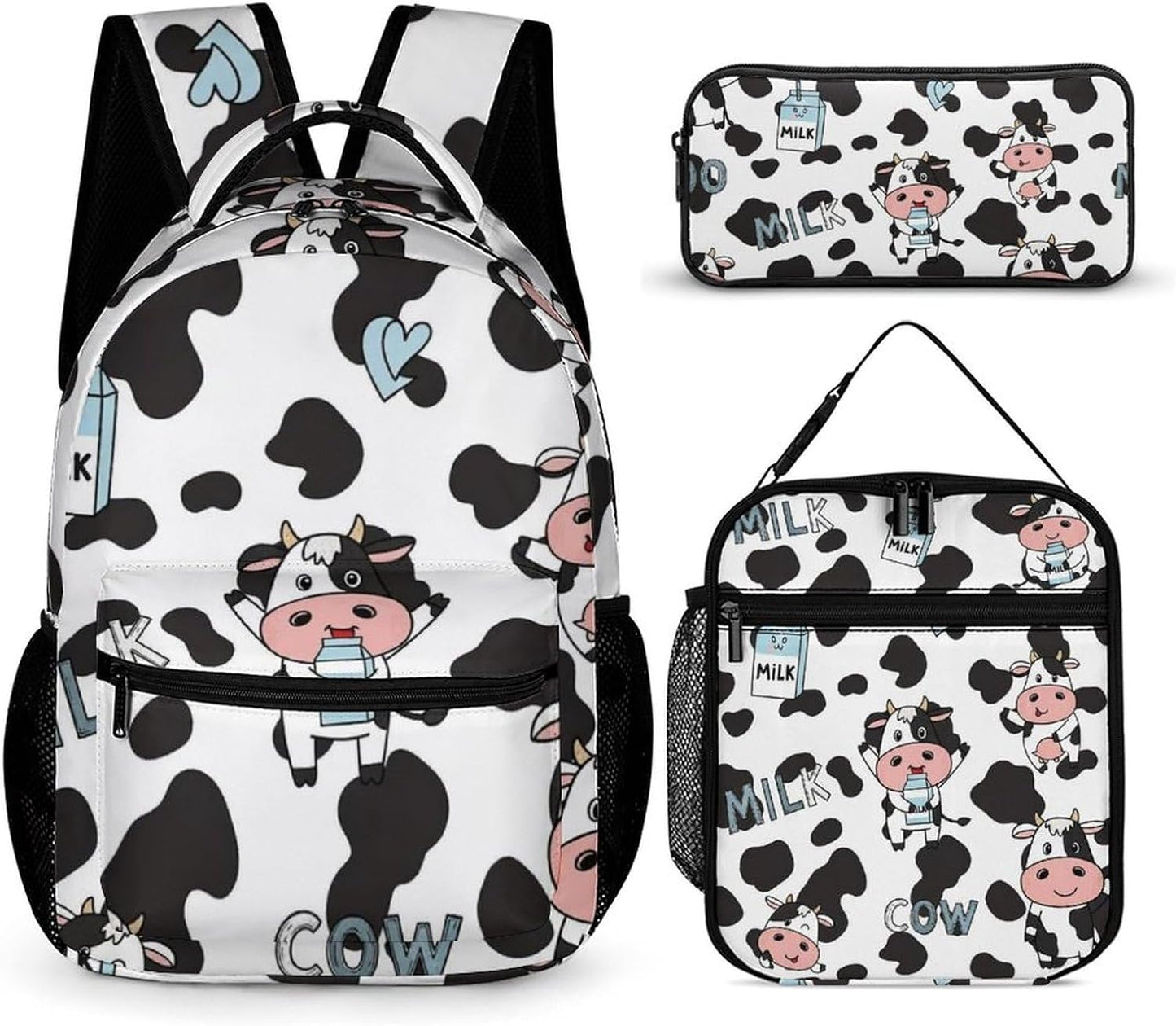 100% BLUE COLLAR Backpack Set Daypack Set Backpack Laptop Milk Cow Print Bookbag with Lunch Bag & Storage Bag
