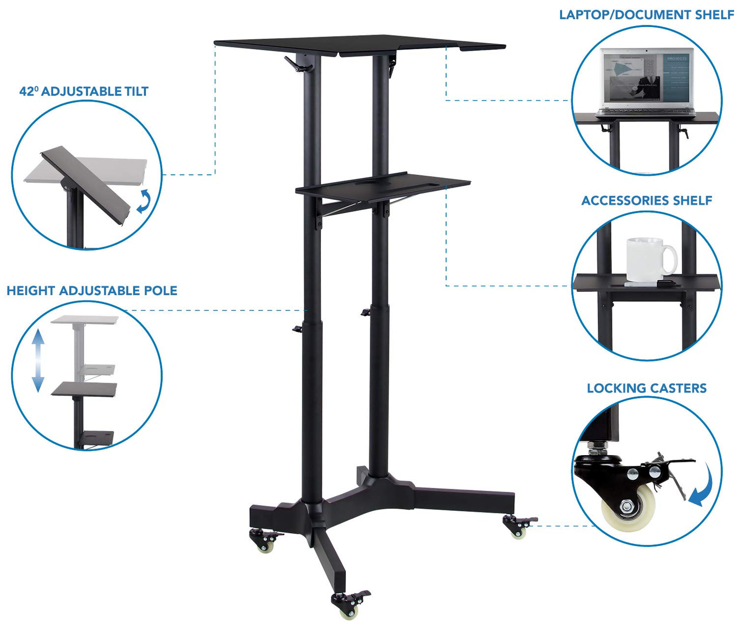 Mount-It! Mobile Podium Stand with Wheels, Adjustable Height Rolling Lectern, Portable Standing Desk with Tilted Shelf and Storage for Office, Classroom, and Presentations