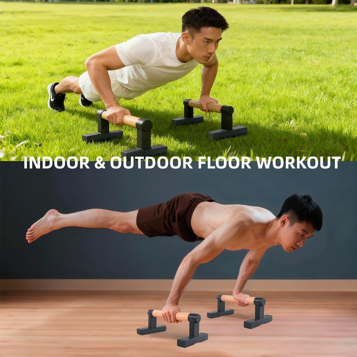 BESTWEI 1 Pair Solid Wooden Parallettes Bars for Calisthenics, Heavy Duty Metal Brackets Pushup Handles Home Floor Workout Push Up Bars, Gymnastics Handstand Training Bar 600LBS-12inch