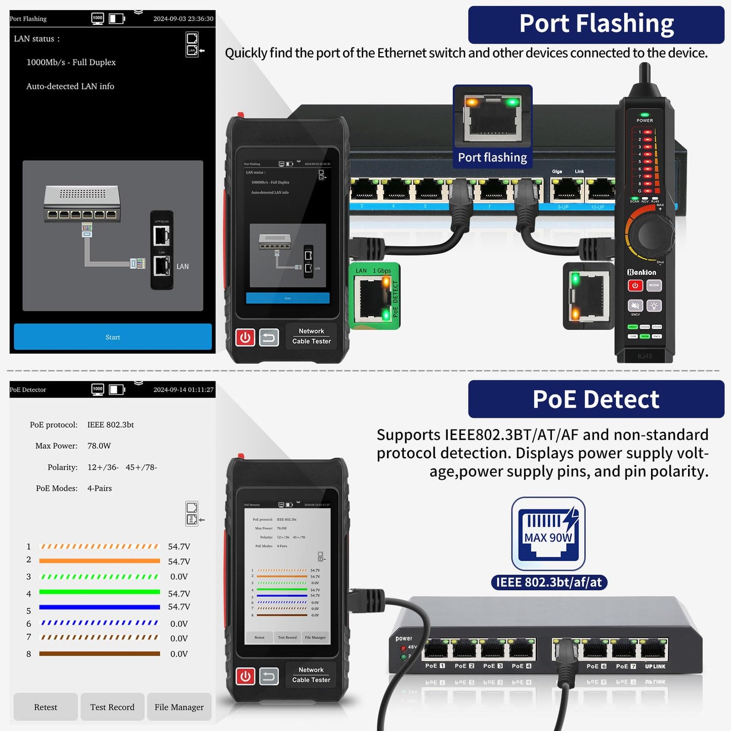 Multifunction RJ45 Network Caber Tester, 4" IPS Touch Screen UTP Cable Tester,Rechargeable Ethernet Cable Tracer,Support Network Tools, POE++ Detect,Cable Length Meter,RJ45 TDR Test,NCV,FTP (LT-600S)