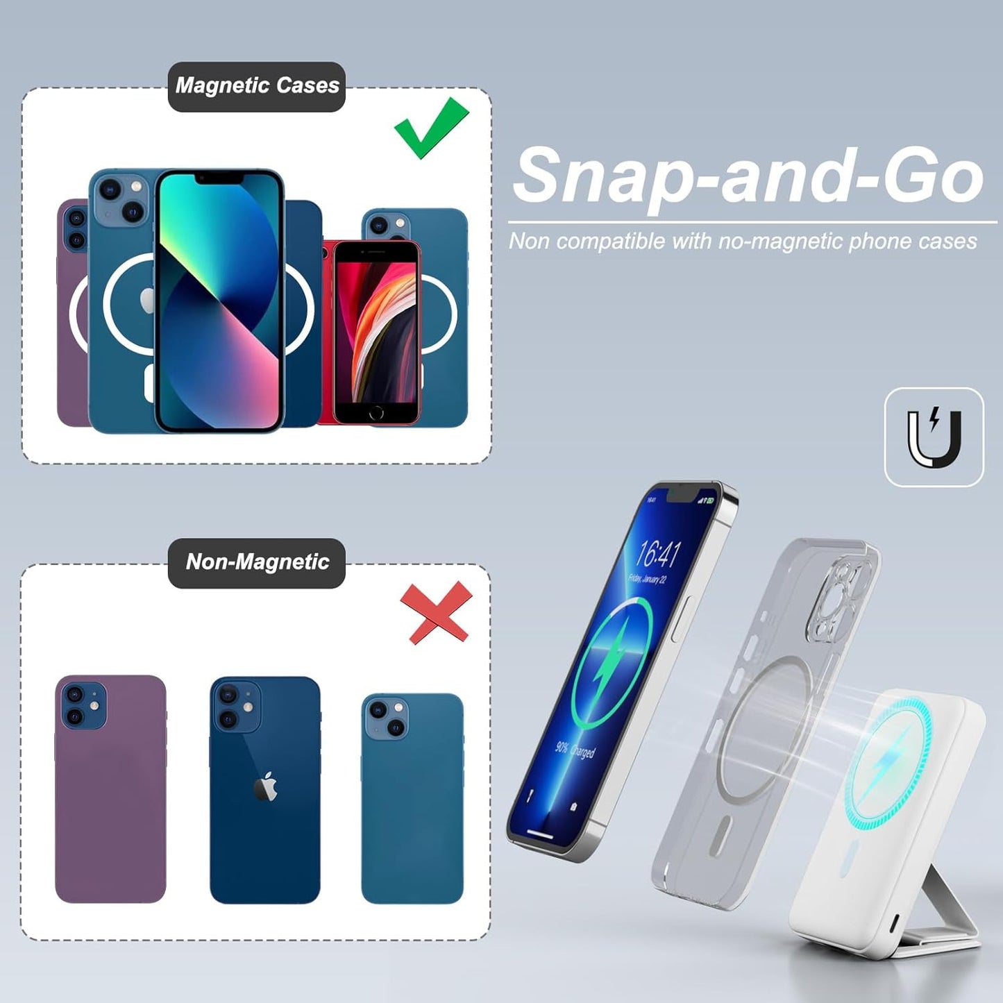 AOGUERBE 10000mAh 3 1 Pack 22.5W 17/16/15/14/13/12 for Magsafe Power Bank, Foldable Wireless Portable Charger with LED