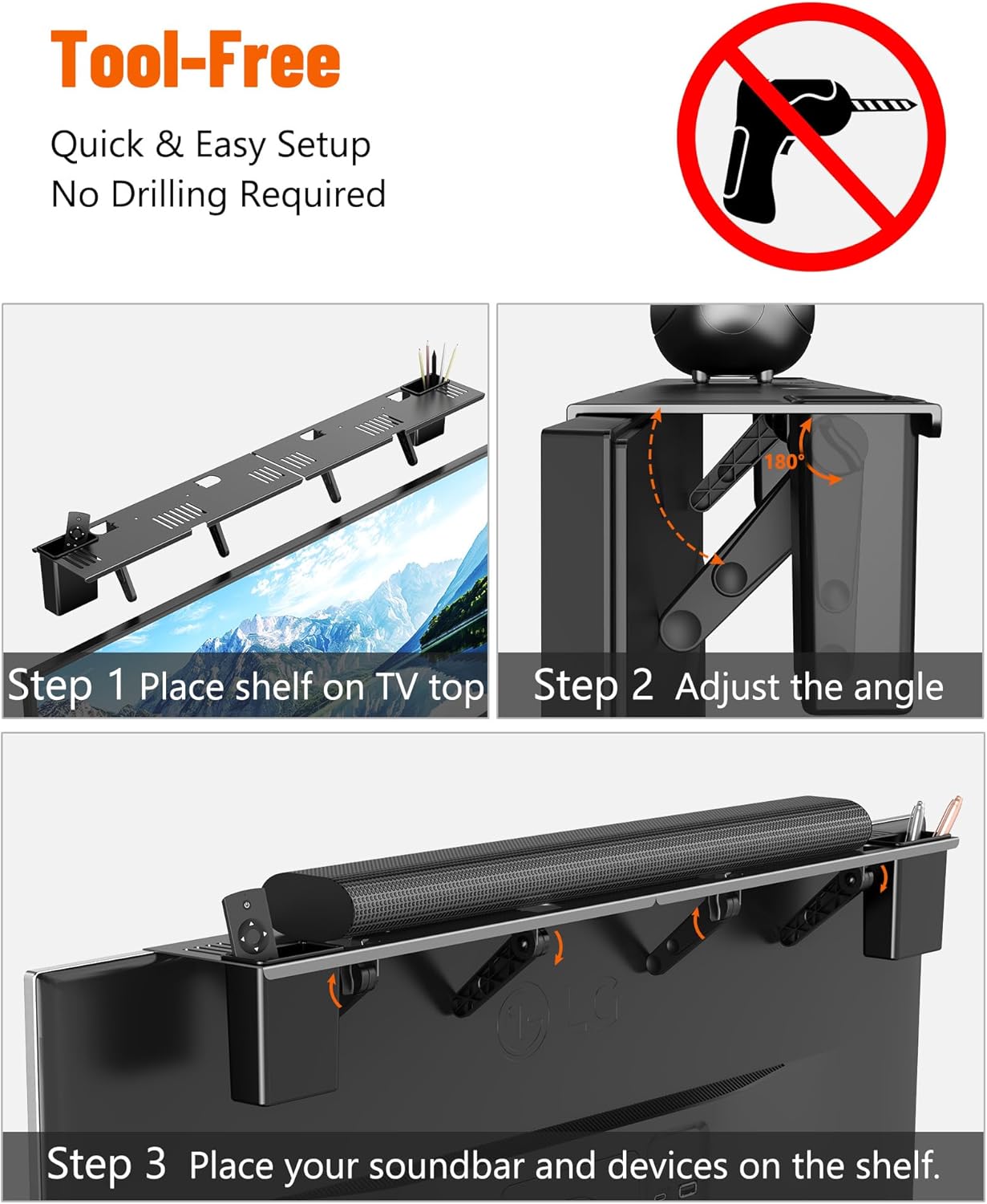 CUISIBOT 15 lbs, (33.8") Soundbar Mount, No Drilling Steel TV Top Shelf with Storage Boxes, Sound bar Mount up