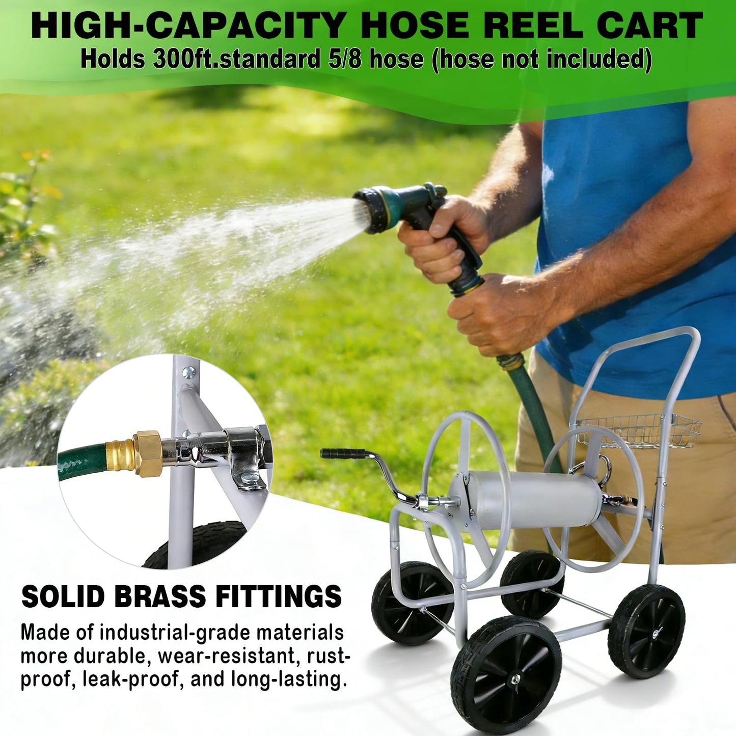 Hose Reel Cart, 300FT of 5/8’’ Hose, Heavy-Duty Water Hose Cart with 4 Wheels, Storage Basket, Portable Water Hose Organizer for Outside Yard, Outdoor Planting Tool (Sliver)