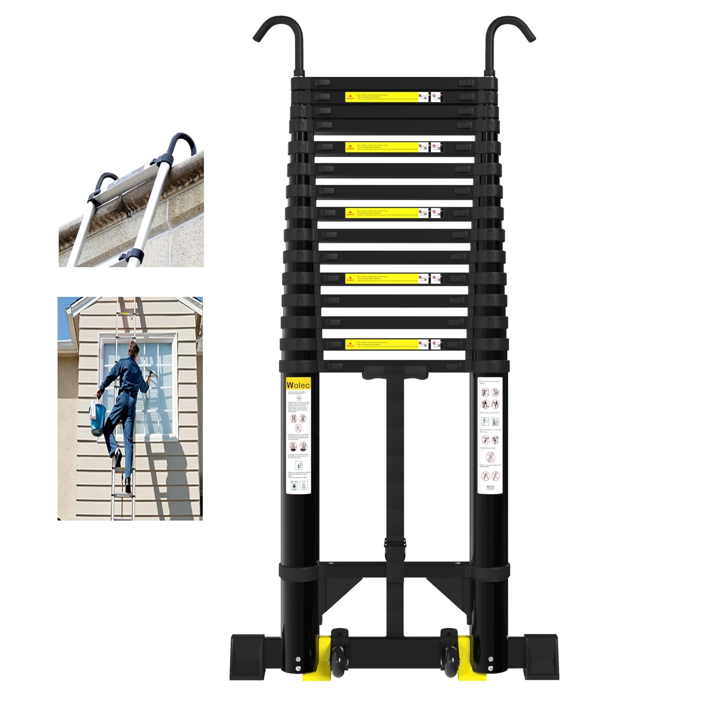 Wolec 19 FT Telescoping Ladder with Hooks, Adjustable Multi-Purpose Collapsible Extension with Stabilizers & Wheels, Heavy Duty 330 lbs Max Capacity, Ideal for Home and Outdoor Work,Black