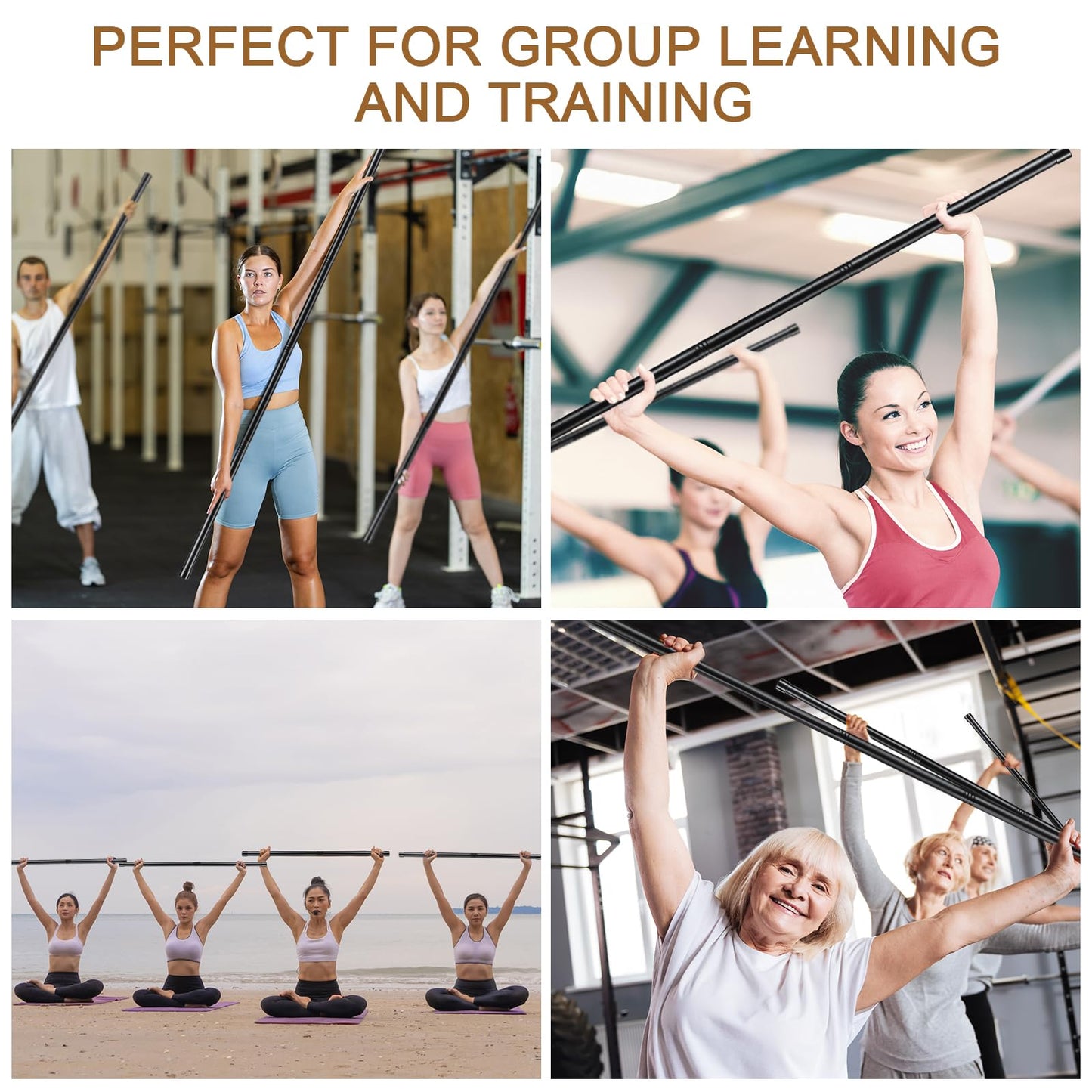 6 Set 5ft Yoga Stick Adjustable Stretching Sticks, Black Exercise Stick with Non-slip Rubber Ends, Posture Corrector Stretch Tool for Mobility Training, Workout, Balance Fitness (Per Set 5ft, Black)
