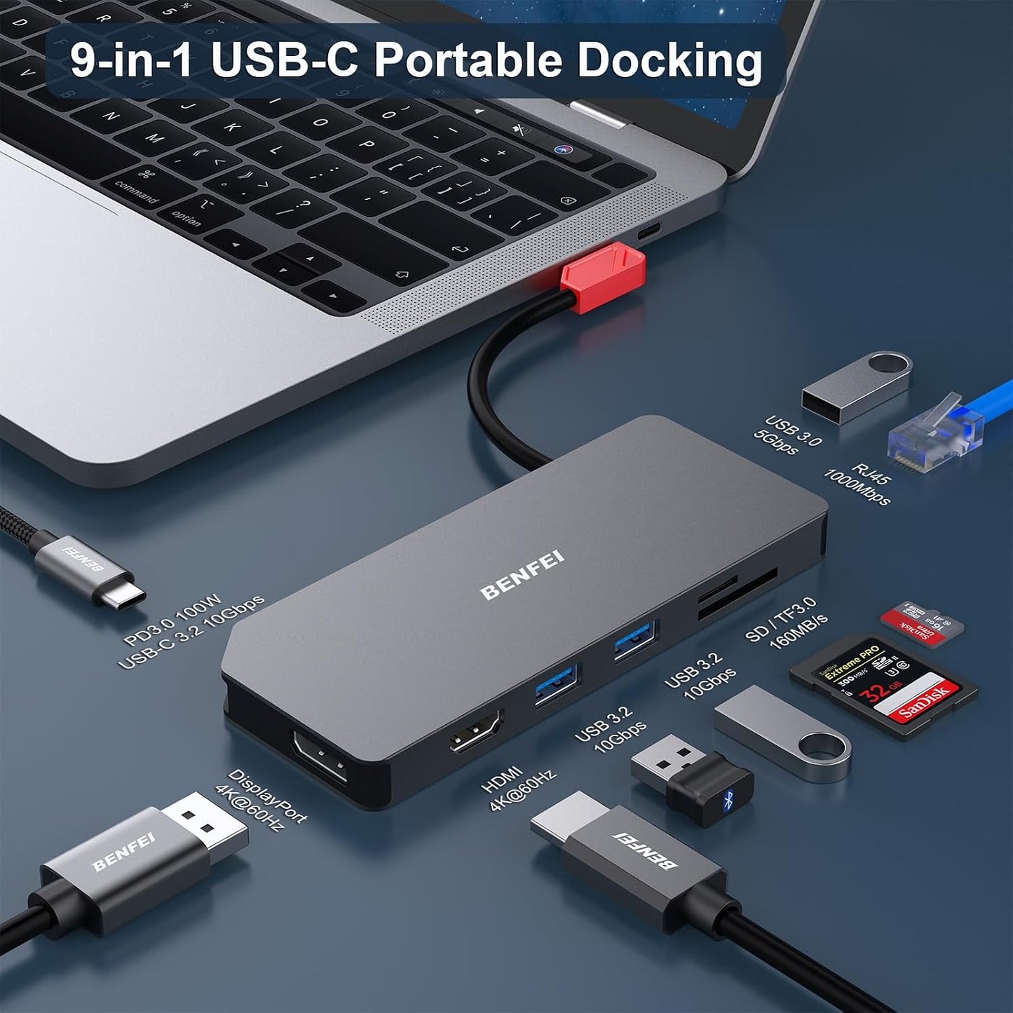 BENFEI 9in1 Monitor/3*USB Type-A/1*USB Type-C(10Gbps+100W Reader/1*RJ45 USB C MST Laptop Docking Station, USB-C Hub