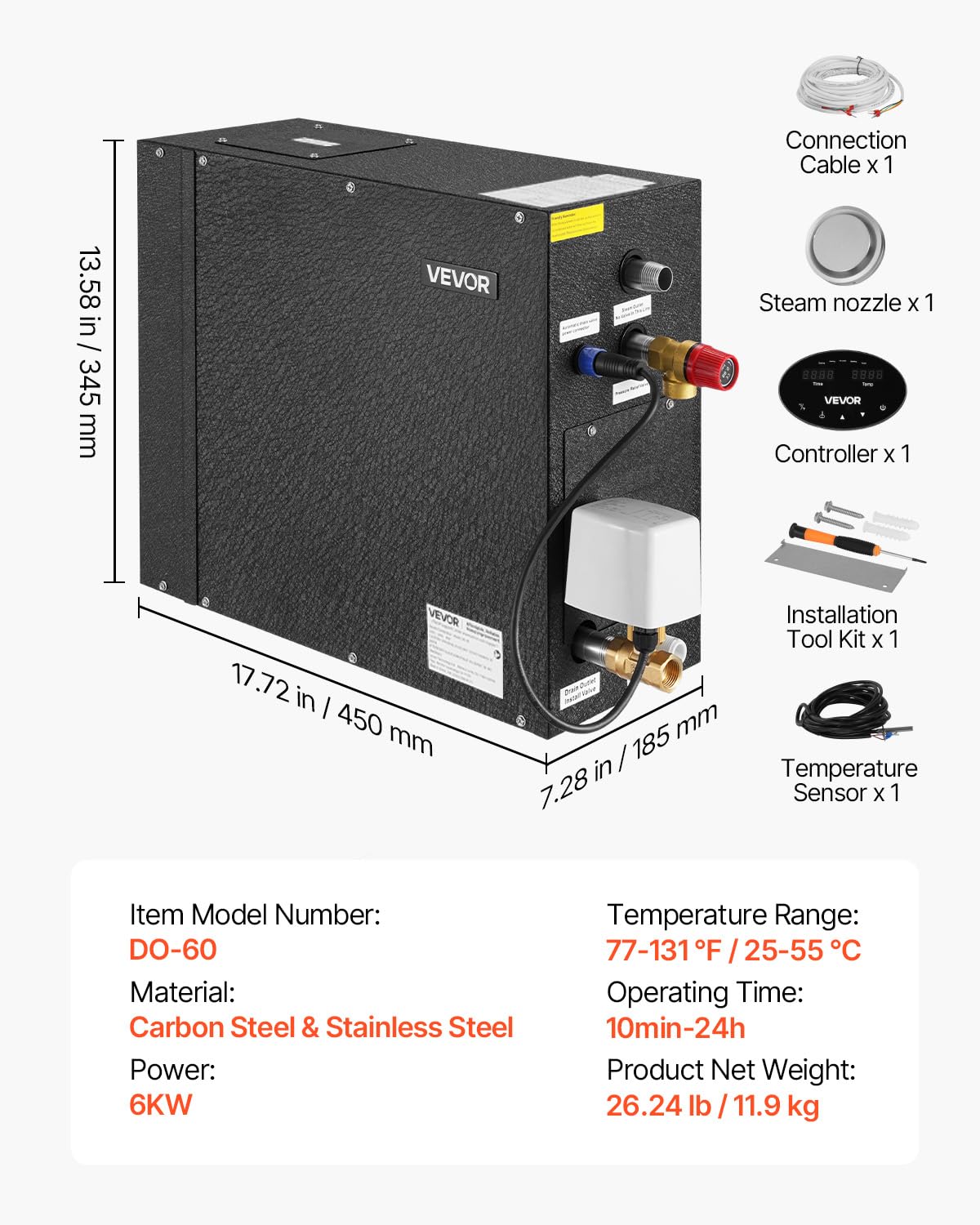 VEVOR Steam Generator, 6 kW Steam Shower System with Controller for Home Sauna & Spa, Commercial Auto Drain Kit with Overheat, Dry-Run & Overpressure Protection, 10min to 24h Timer, Black