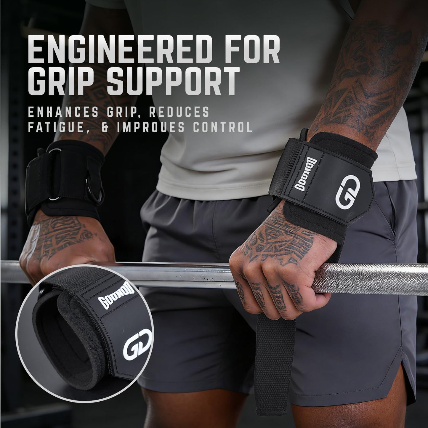 GOUNOD Lifting Wrist Straps with D Ring for Weightlifting & Gym – Heavy Duty Padded Wrist Support for Men & Women – Non-Slip Hand Grip Straps for Deadlifts, Pull Ups, Cable Machines & Bodybuilding
