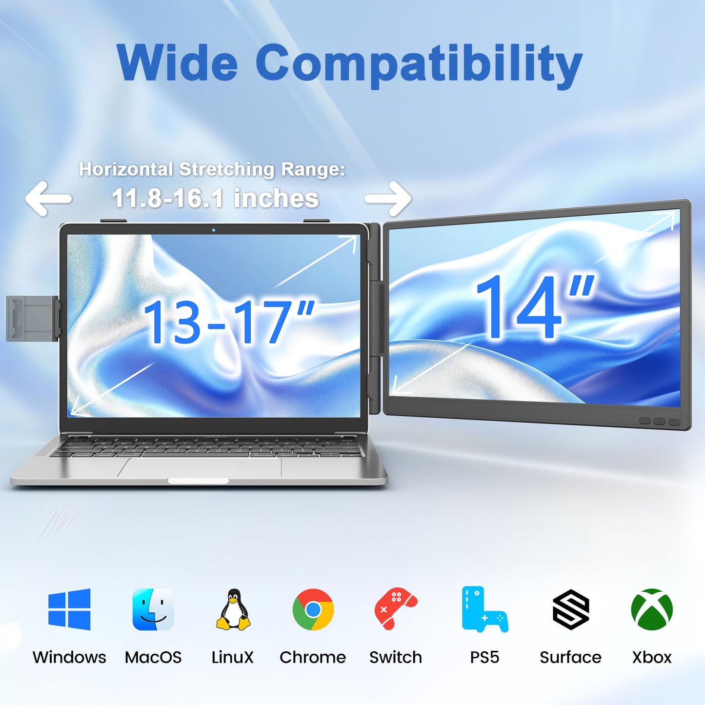 KEFEYA Laptop Screen Extender, 14" FHD 1080P IPS Dual Laptop Monitor Extender, Portable Monitor Plug & Play USB-C/HDMI/USB-A for 13"-17" Laptops, Work with Windows/MacBook/Switch/PS5