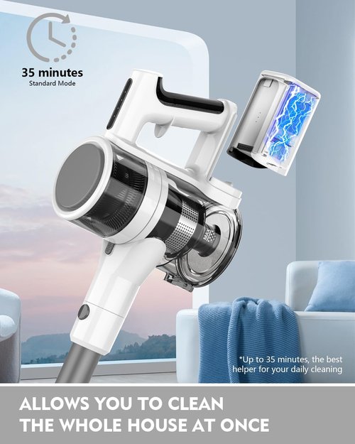 Comvtu Cordless Vacuum Cleaner - 80,000PRM Powerful Motor | 35 Min Runtime, 2 Modes, Detachable Parts - Frost White