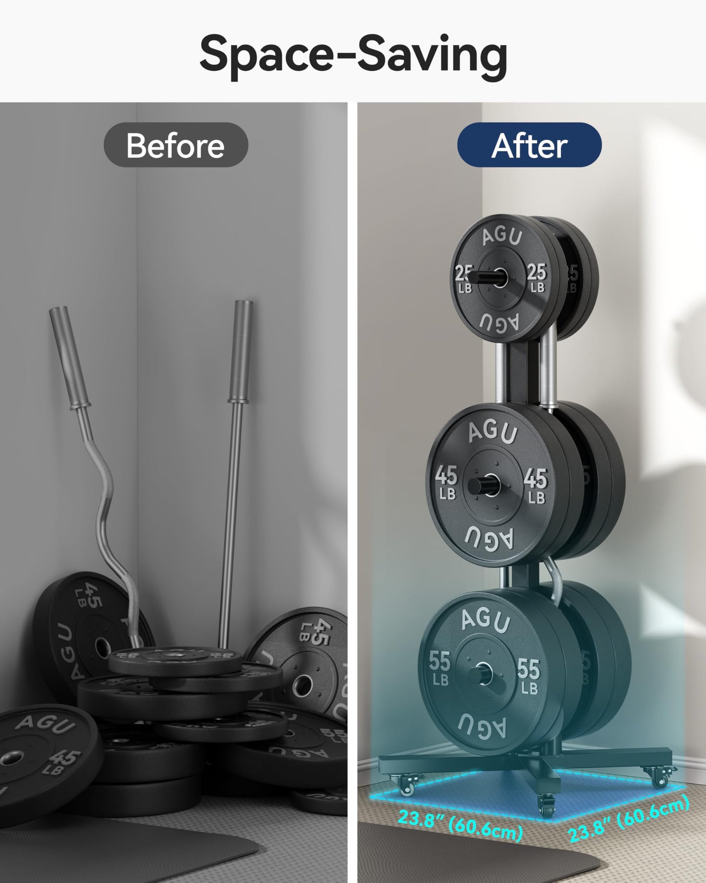 Movable Olympic Weight Plate Tree with 6 Metal Pegs, Fits 1" & 2" Weight Plates, Heavy Duty Storage Rack with Barbell Holders for Home & Garage Gym