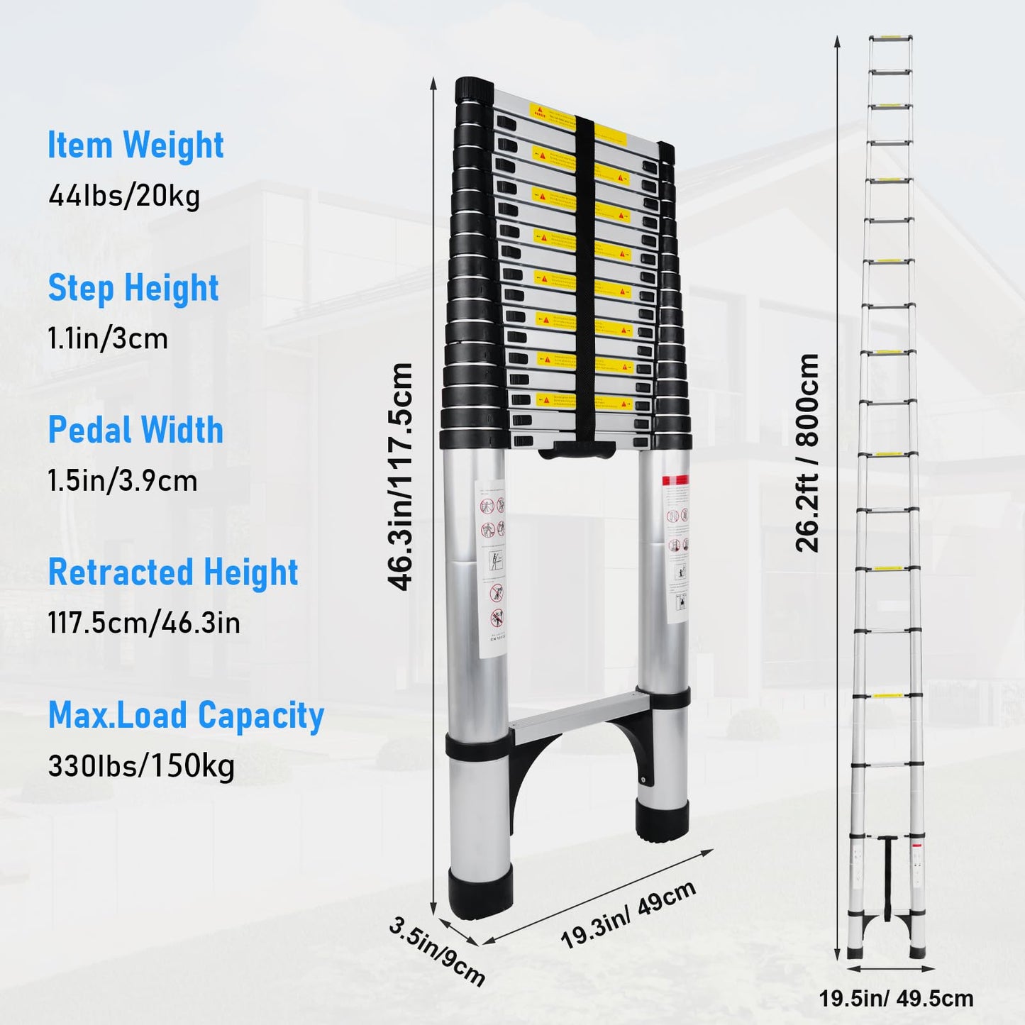 Telescoping Ladder 26.2FT Aluminum Lightweight Extension Ladder 330 Lbs Heavy Duty Non-Slip Feet Portable Folding Ladder Multi-Purpose Collapsible for Home RV Attic Outdoor Use (26.2 FT)