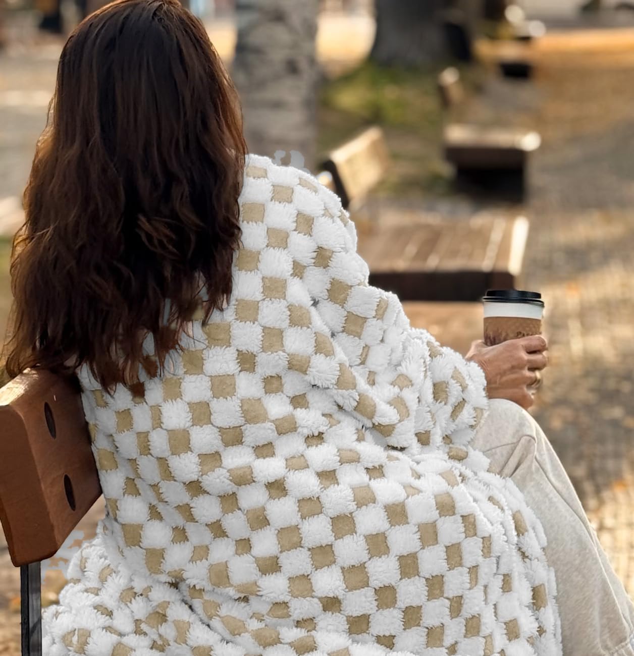 Beige & White Fuzzy Fuzzy Fun 3D Checkered Throw Blanket – Ultra Soft Shaggy Fleece for Cozy Comfort. Beautiful Gift for Women with Style 50 x 65 inches.