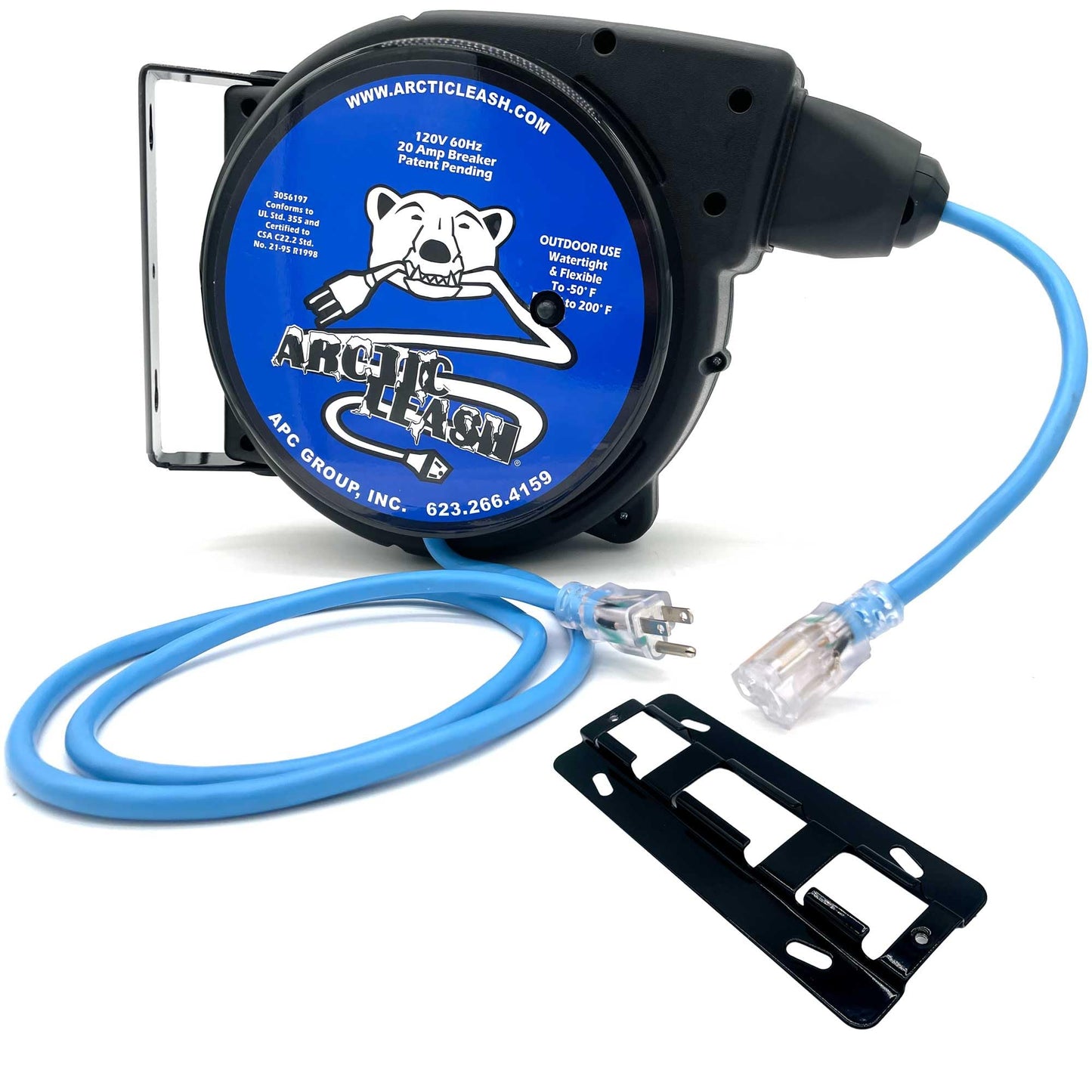 ARCTIC LEASH 50ft. 12/3 SJEOOW Cable, Outdoor/Watertight, Extreme Cold Weather Retractable Extension Cord Reel– with 20A Resettable Breaker, 180° Swivel Mount, Retractable to -60°F.