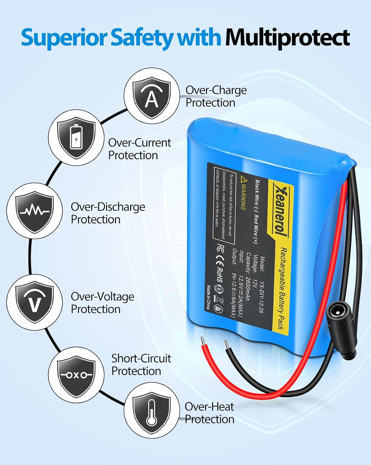 Xeanerol 12V 2600mAh Pack 12 Rechargeable Li-ion Battery with Charger, Bare Leads Wire Replacement Lithium Battery