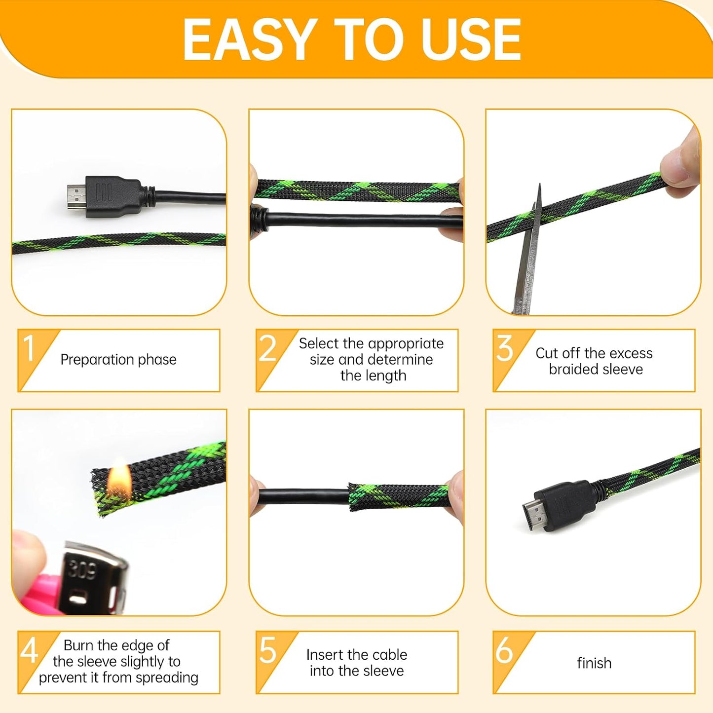 YOUBO 33ft 6mm (1/4")) Braided Cable Sleeve, Expandable Wire Loom for Automotive Wiring Harness & PC Case, Pet-Proof