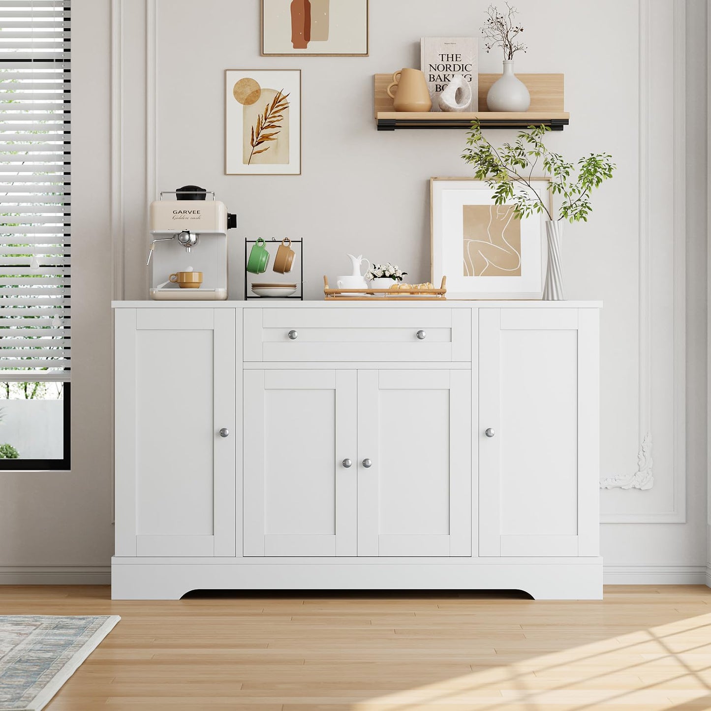 Garvee Sideboard Buffet Cabinet with Storage, Modern Wooden Credenza Storage Cabinet with Drawer and 4 Doors, Freestanding Coffee Bar for Living Room, Kitchen, Dining Room, White