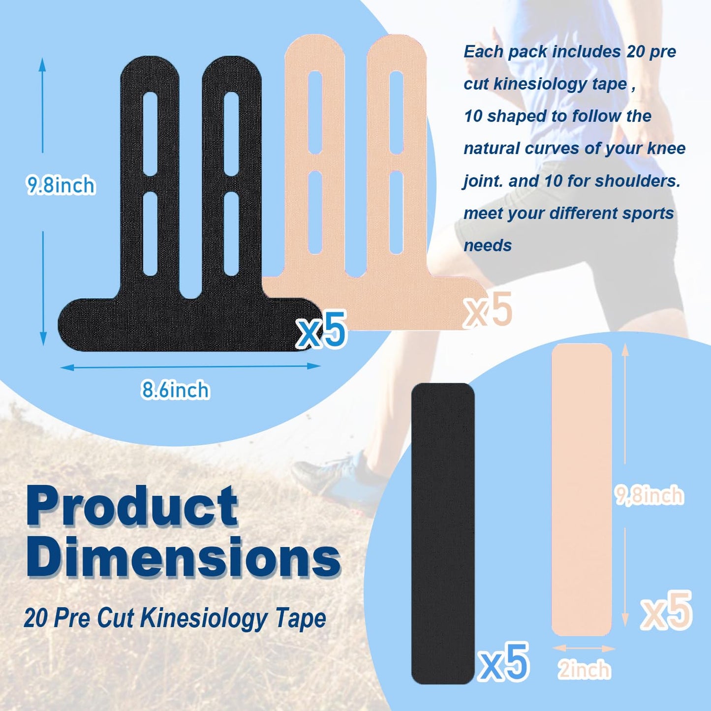 20 PCS Waterproof Kinesiology Tape for Shoulders/Knees,Precut Strips for Knee Pain Relief & Stability Support, Latex-Free Hypoallergenic Sports Athletic Tape Knee Brace (Black and Beige)