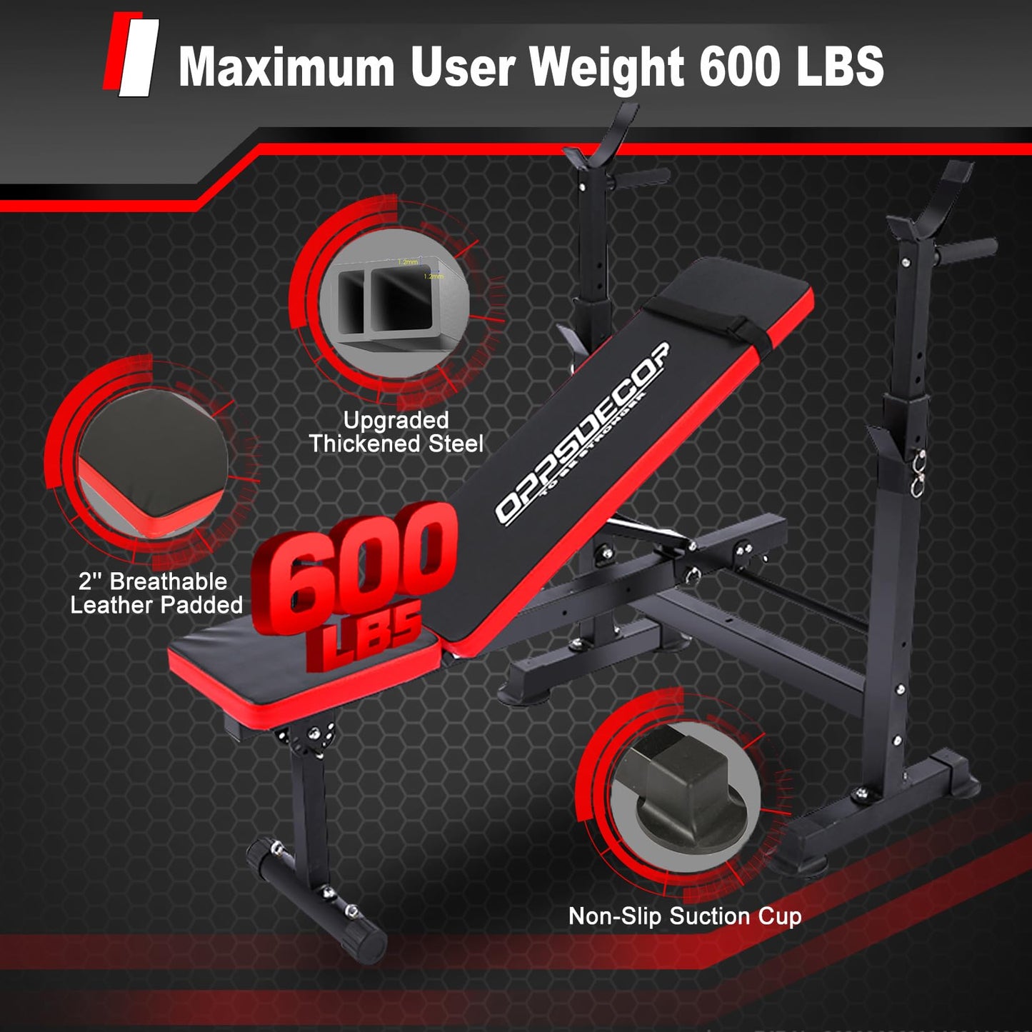 OPPSDECOR 6 in 1 900LBS Weight Bench with Leg Extension and Leg Curl, Foldable Bench Press Set and Squat Barbell Rack with Preacher Curl, Adjustable Workout Bench for Home Gym Strength Training PXZXYX1 (Black)
