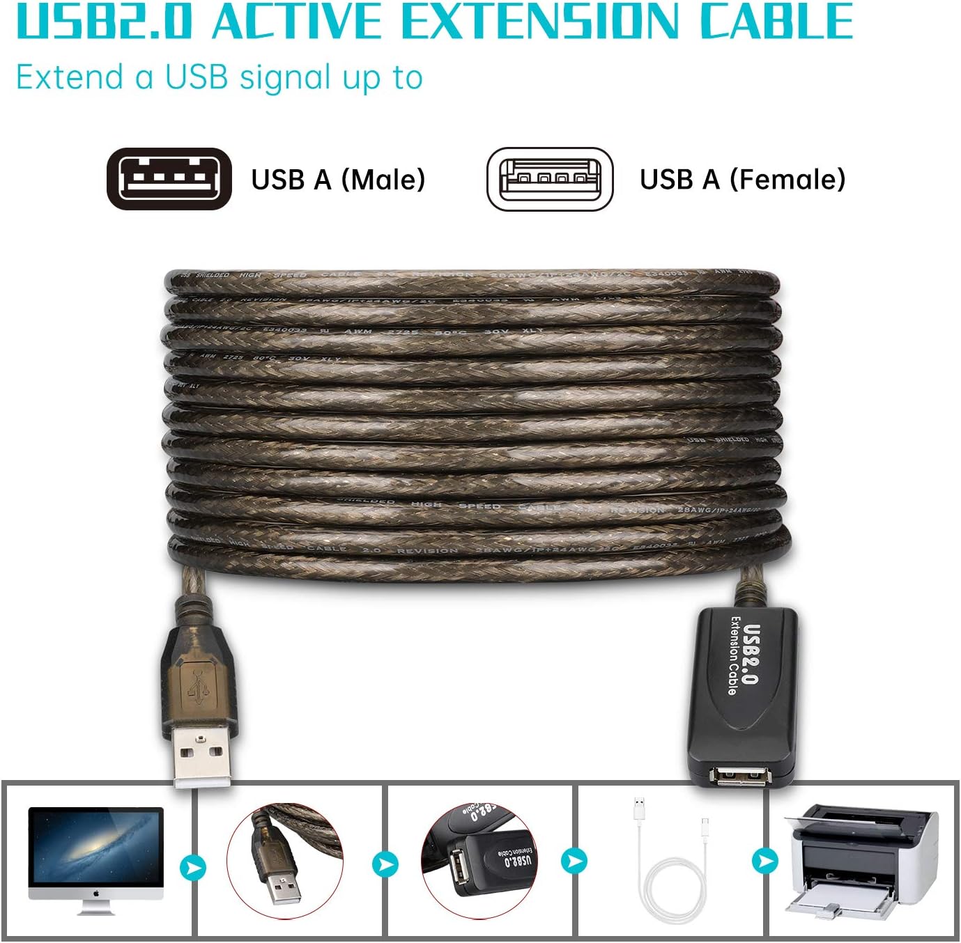 LDKCOK 2.0 480 (15FT-5M) USB Type A Male to A Female Active Repeater Extension Cable High Speed Mbps