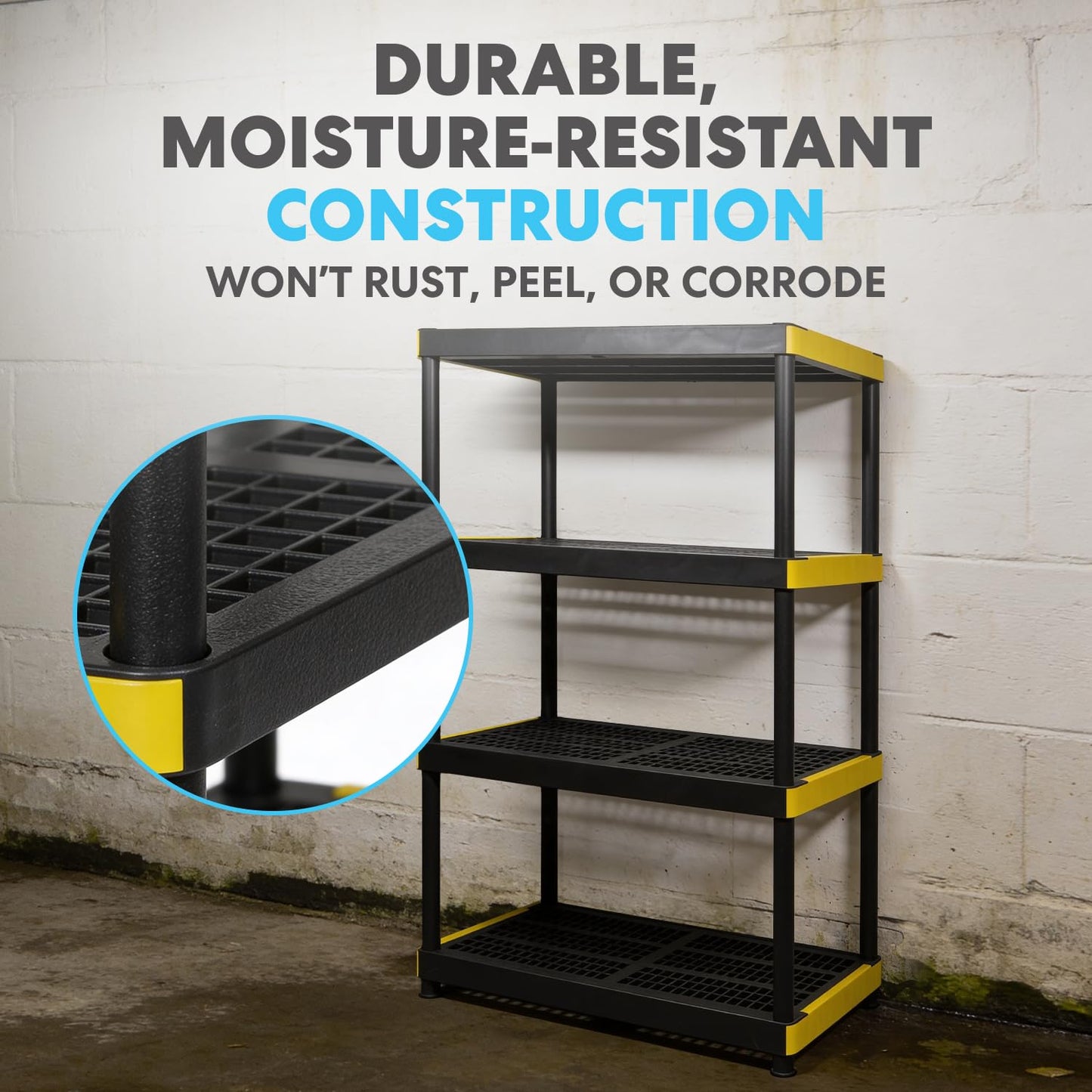 Simpli-Magic 4-Tier Heavy Duty Plastic Storage Shelving Unit, Garage & Basement Organizer, Modular Rack, 36 x 24 x 57 Inches, 250 lbs per Shelf, 1000 lbs Total Capacity