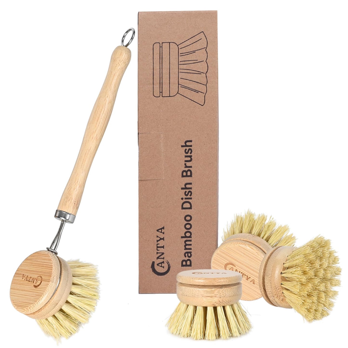Bamboo Dish Brush with Handle - Soft Bristle, Non Toxic Vegetable Brush Scrubber for Food Compostable & Sustainable Kitchen Scrub Brush for Dishes, Pots and Pans