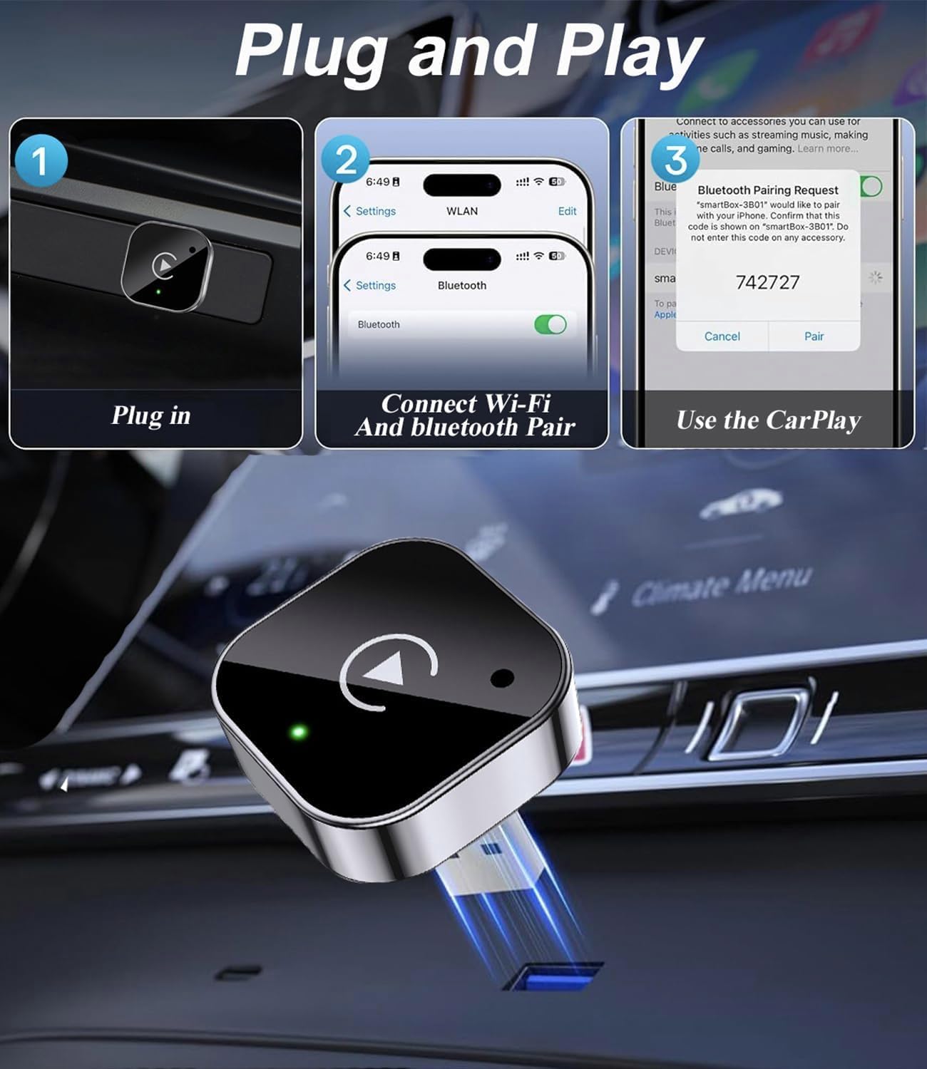 WDZWFHK Seamless Wireless CarPlay Adapter & Android Auto Dongle, Fast Auto-Connect, Compact Plug & Play Wireless