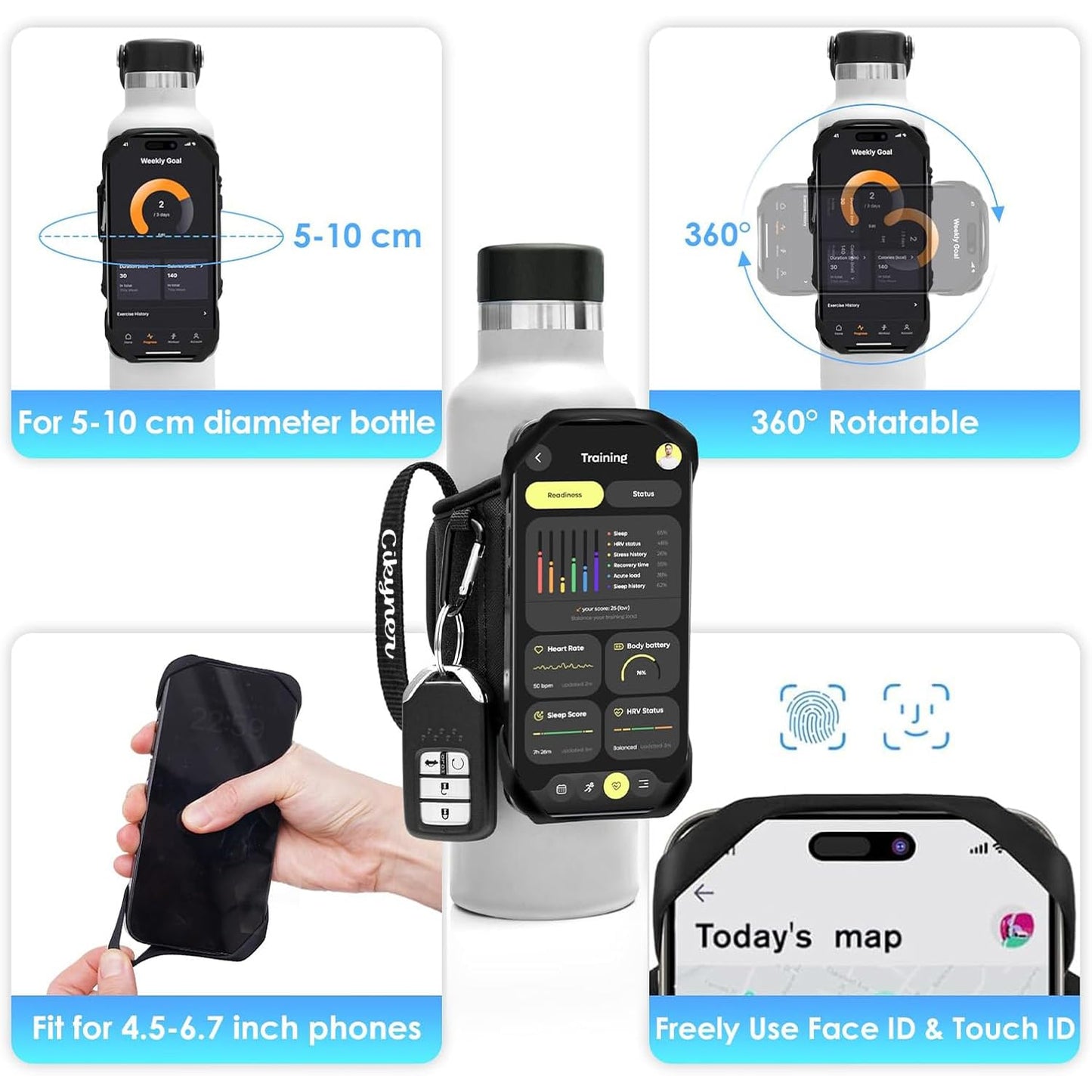 Cikyner Water Bottle Strap, Water Bottle Holder for Mobile Phone 360° Rotatable & Removable Water Bottle Pouch Gym Water Bottle Accessories for 4.5-7'' Mobile Phone & 18-40 oz Water Bottles (G7L)