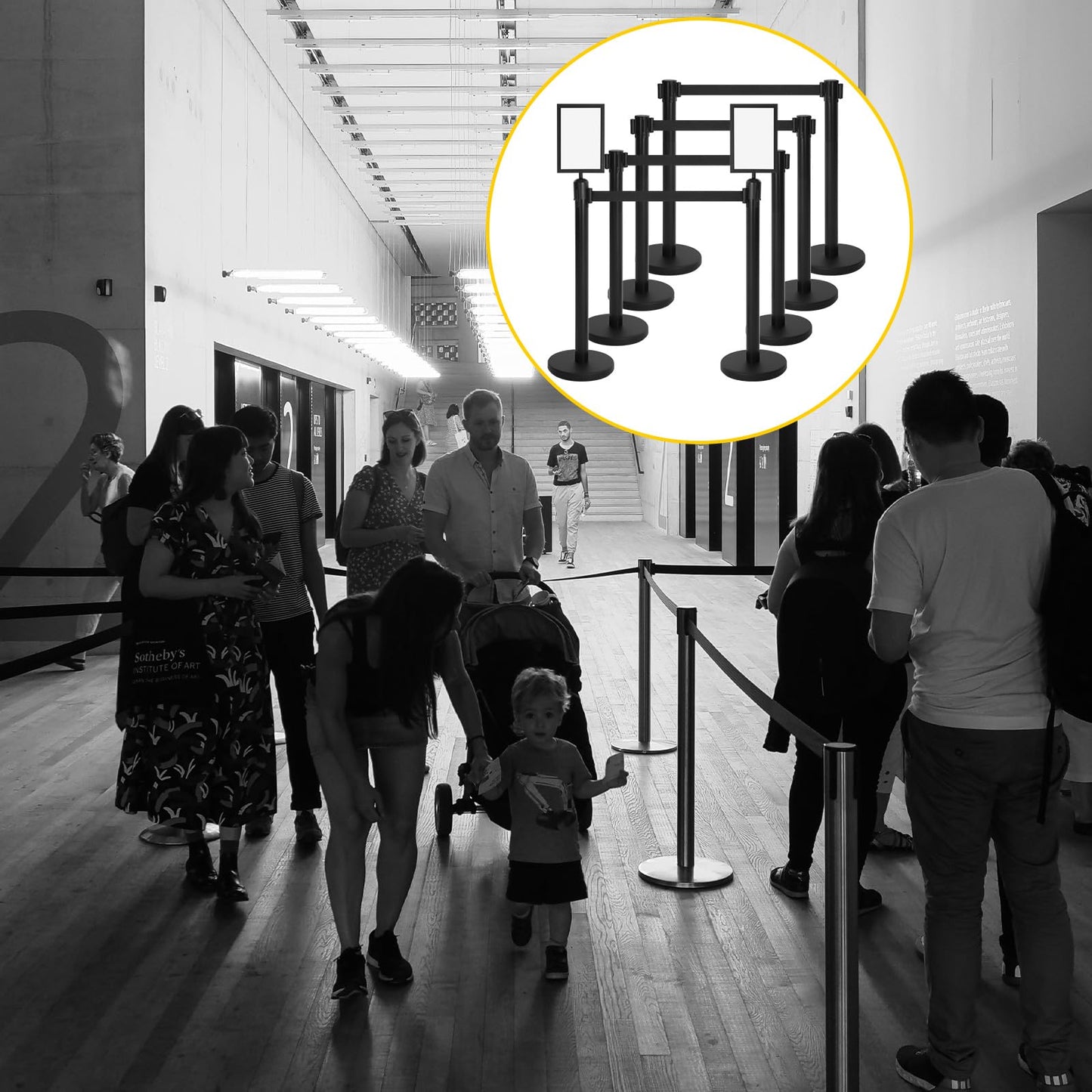 Therwen 8 Pcs Stanchions with 8.2 ft Retractable Belt Black Crowd Control Stanchions Set and Stanchion Post Sign Easy to Assemble Line Dividers Queue Ropes for Theaters, Weddings, Exhibitions