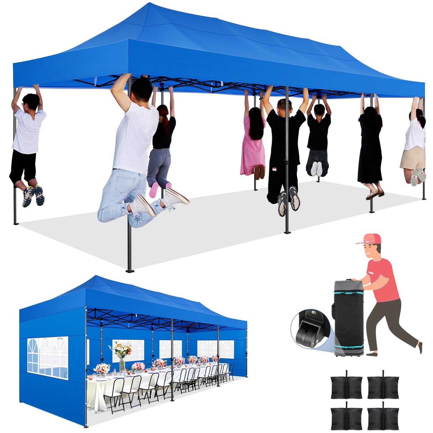 COBIZI 10x30 Pop up Canopy Tent Heavy Duty with 8 Sidewalls, Easy Set-up Commercial Outdoor Party Tent, 100% Waterproof Wedding Gazebo, 3 Height Adjustable with Wheeled Bag, Blue