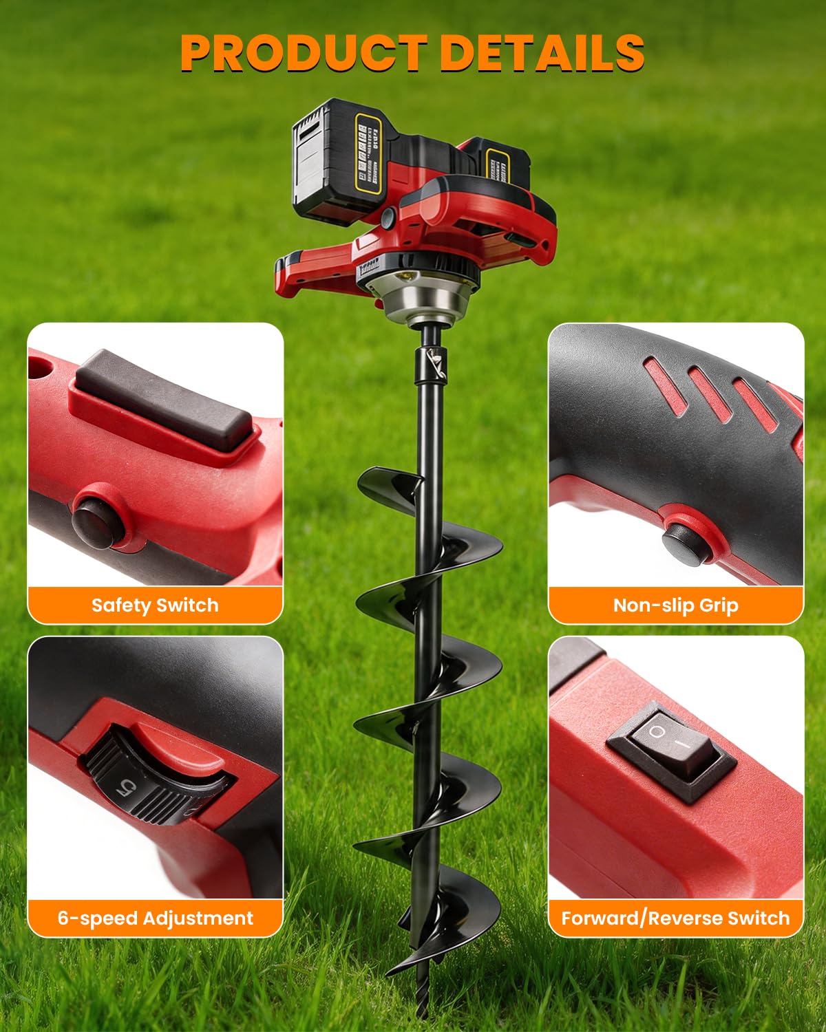 42V Cordless Post Hole Digger with 2x4.5Ah Batteries & Dual Chargers, 1200W Brushless Earth Auger for Fence Post with 6" Drill Bit, 85Nm High Torque Electric Hole Digger for Hard Soil, 800RPM
