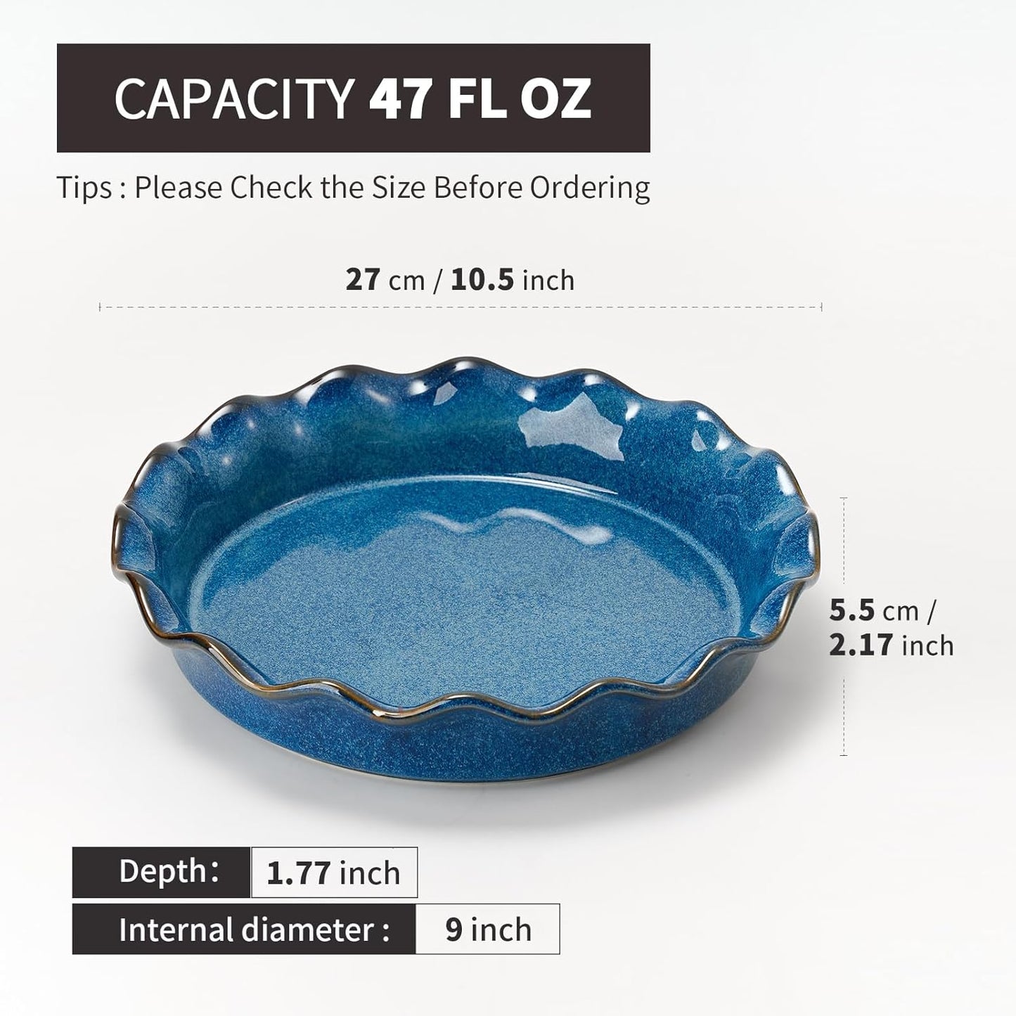 SIDUCAL Ceramic Pie Pan - Reusable Non-Stick Baking Dish with Ruffled Edge | Deep 10.5-Inch Active Blue