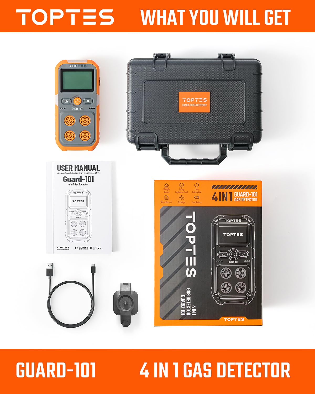 TopTes Guard-101 Gas Detector, 4 Gas Monitor for H2S, CO, LEL and O2, with Vibration, Visual and Audible Alarms, 14h Long Battery Life, Safety Explosion-Proof, for Work, Home - Orange