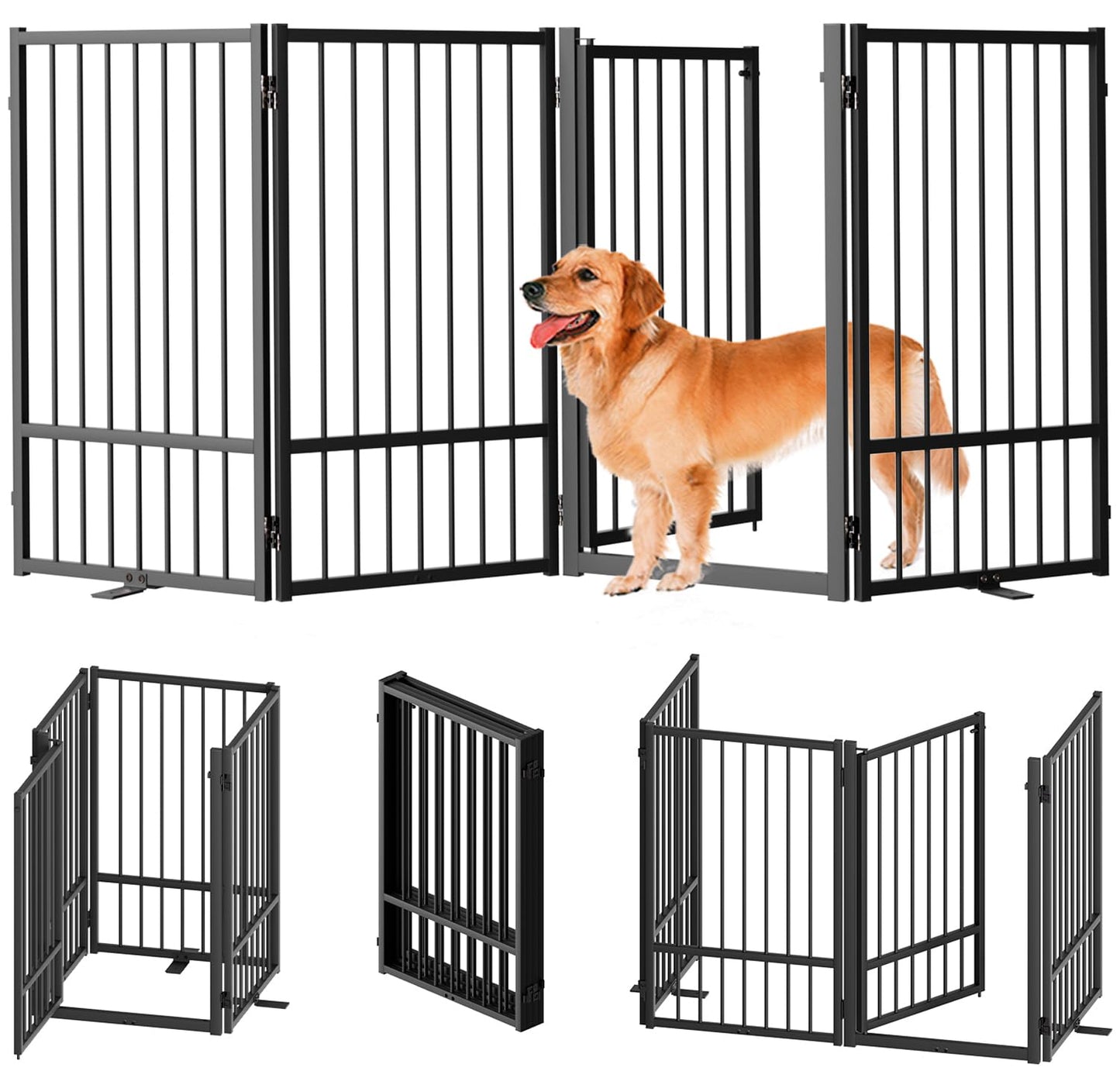 SNUOWU Full Metal Freestanding Dog Gate with Door, 32''Height Foldable Pet Dog Fence for Indoor & Outdoor, 4 Panels Extra Wide Free Standing TallDog Gates for Doorways,House,Stairs,Porch,Deck,Yard