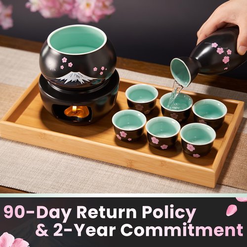 DUJUST 10 pcs Japanese Sake Set with Warmer for 6, Sakura & Fuji Design Porcelain Sake Set, 6 Sake Cups, 1 Bottle, 1 Warmer, 1 Candle Stove, 1 Tray & 1 Box, Warm Sake Carafe, Japanese Gifts - Black