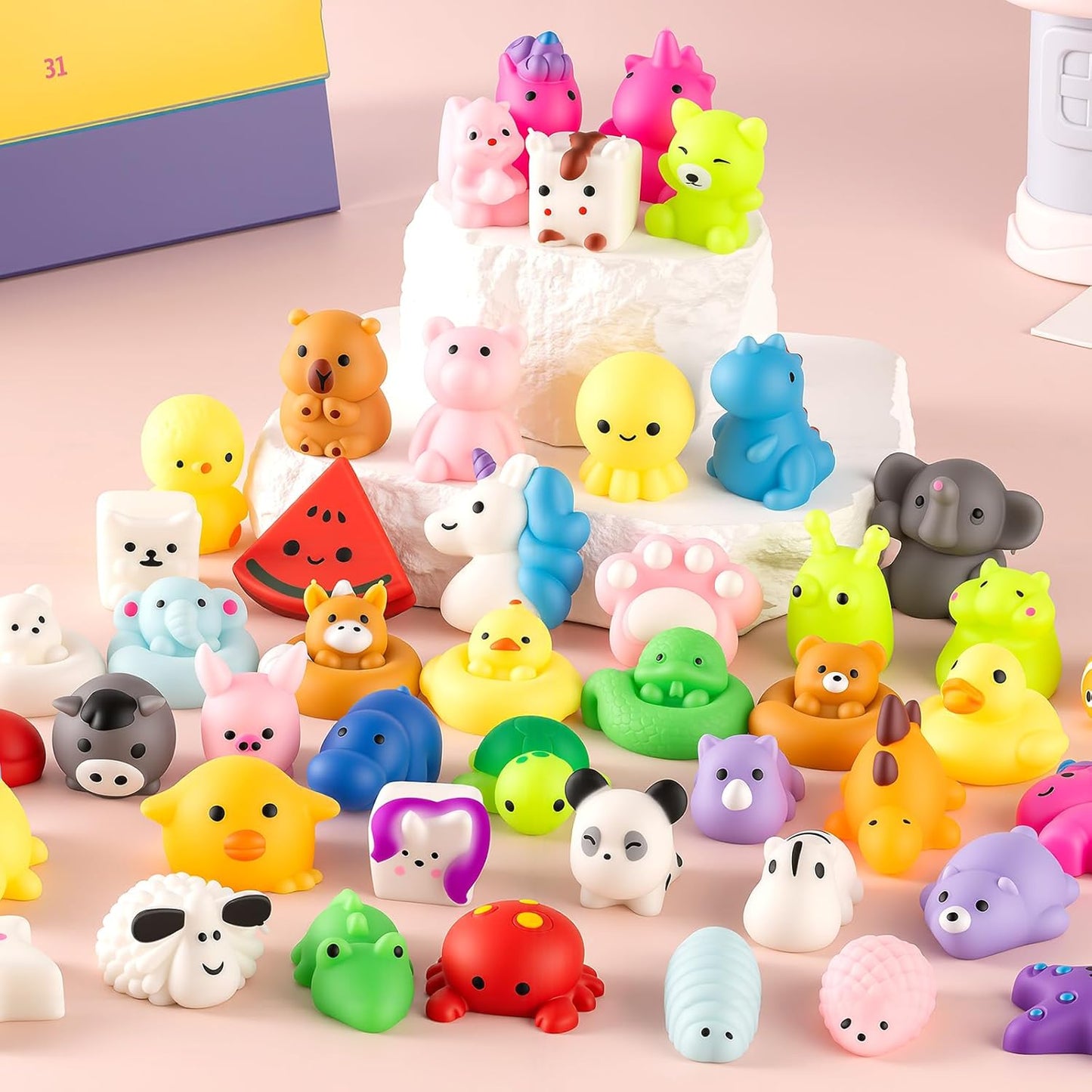 Skiennix 25 Pcs Mochi Squishy Toys - Kawaii Animal Stress Relief Toys in Storage Bucket | Perfect for Party Favors & Classroom Prizes