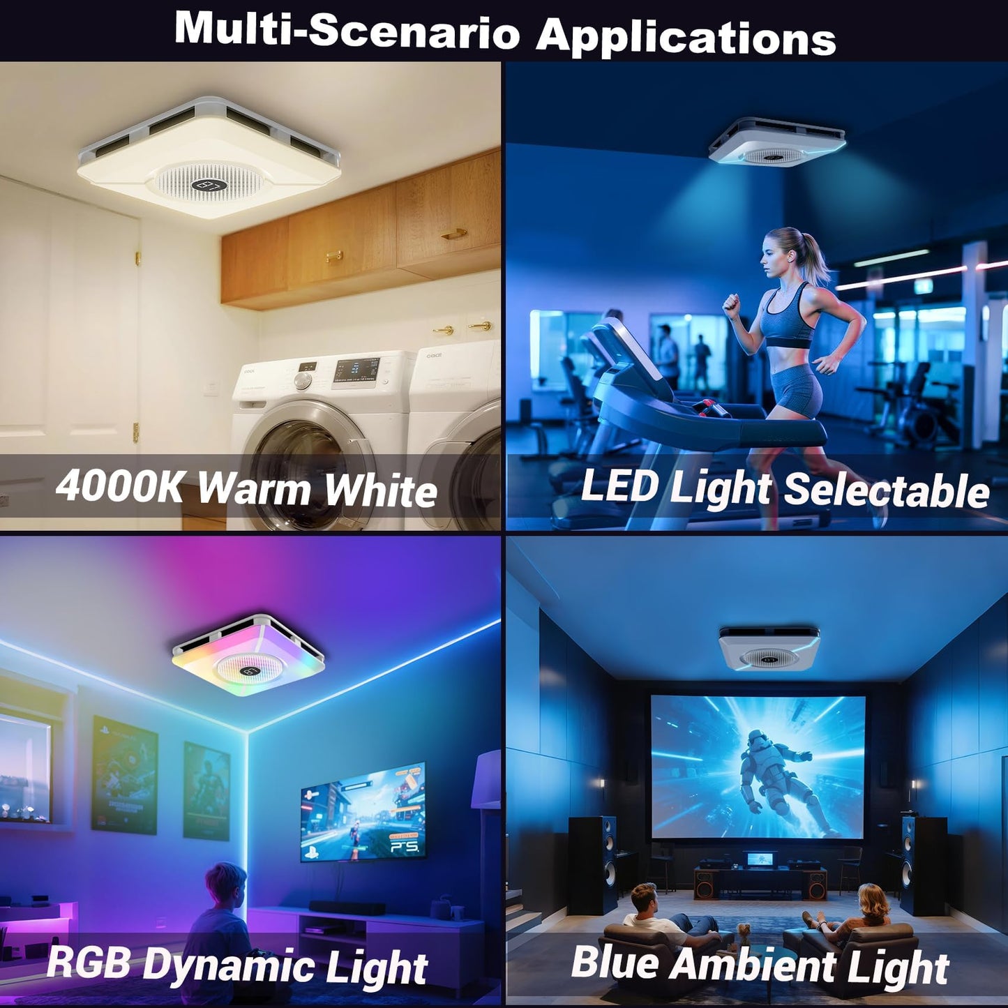 Bullro Bathroom Exhaust Fan with Bluetooth Speaker and Light, Plug & Play Installation, 230 CFM/1.5 Sone Bathroom Vent Fan, 7 RGB Lighting and 3 Music Rhythms, Remote Control, 3000K-6500K Adjustable