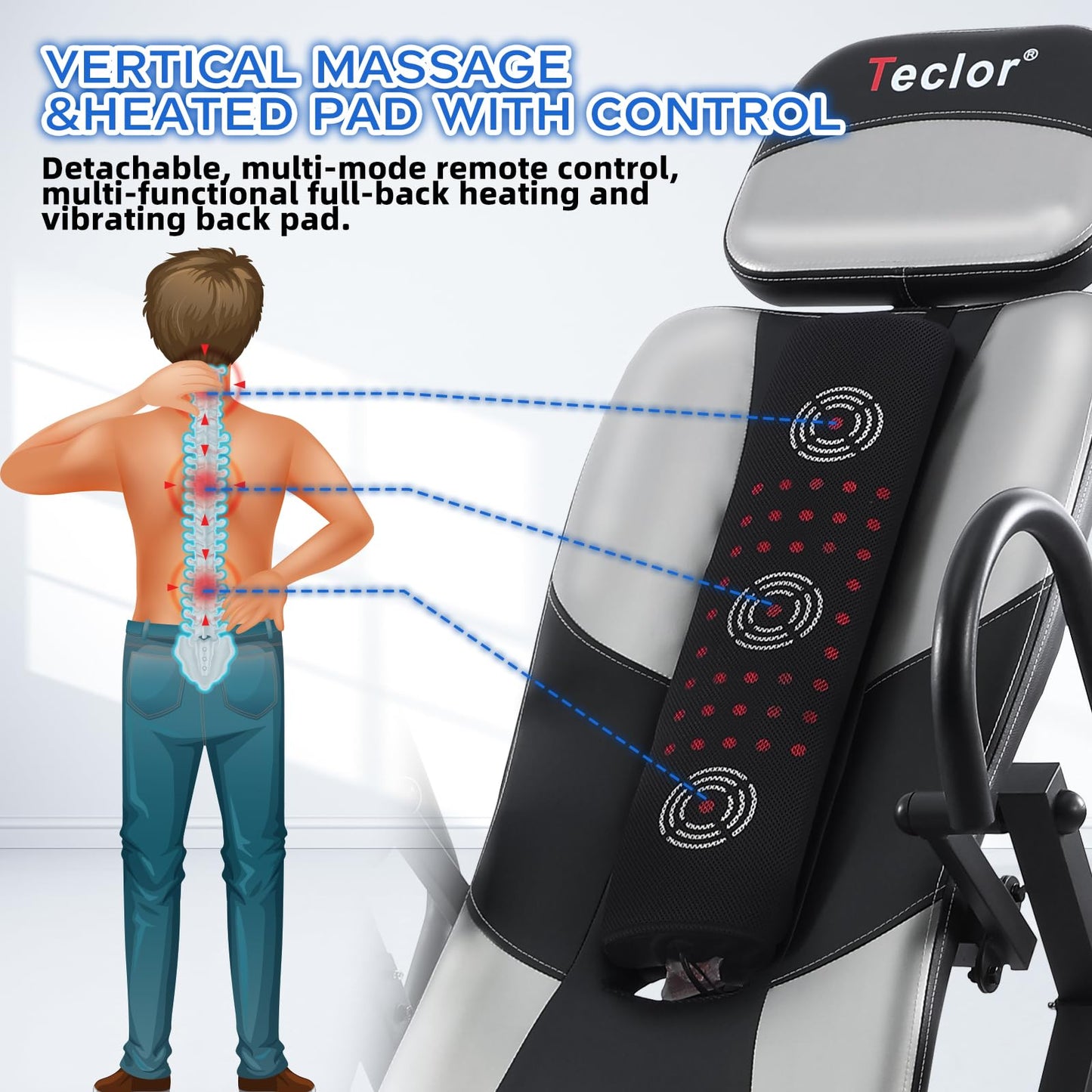 Teclor Inversion Table,Advanced Heat and Massage Function,Strength Training Inversion Table for Back Pain Relief,Heavy Duty Inversion Table 350 lbs Capacity with Wider and Thickened Backrest