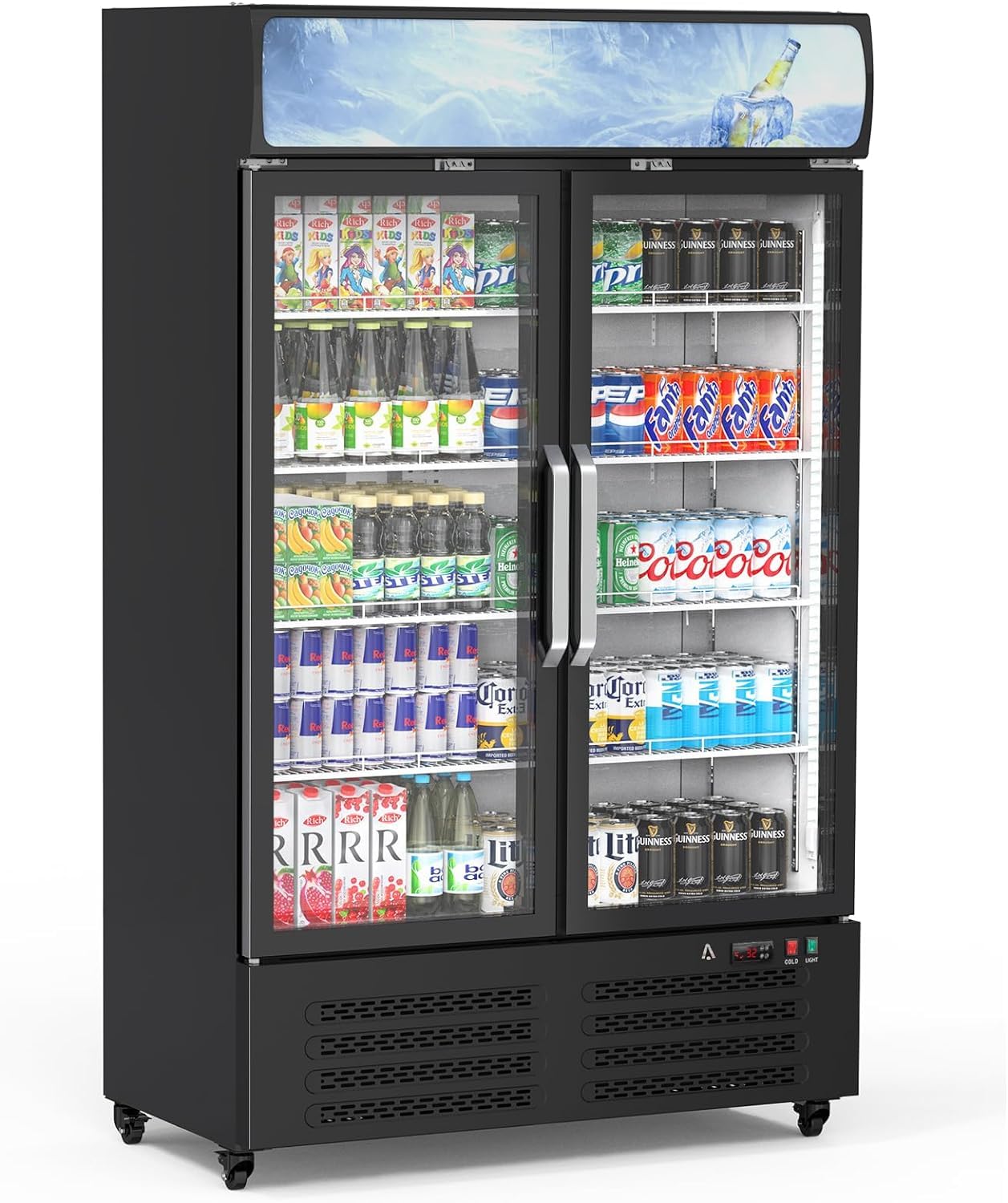 ACONEE Commercial Merchandiser Refrigerator, 25.3 cu ft Capacity Glass Door Upright Display Fridge, Commercial Display Refrigerators with LED Top Panel, Display Refrigerator Drink Cooler Case for Shop