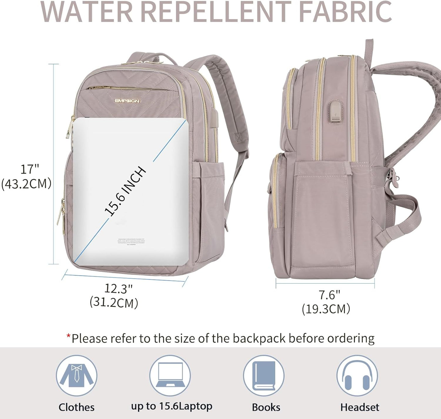 Backpack 15.6 Inch Backpack, 30L Backpack, EMPSIGN Laptop Purse for Women and Men with USB Charging Port, Travel Water
