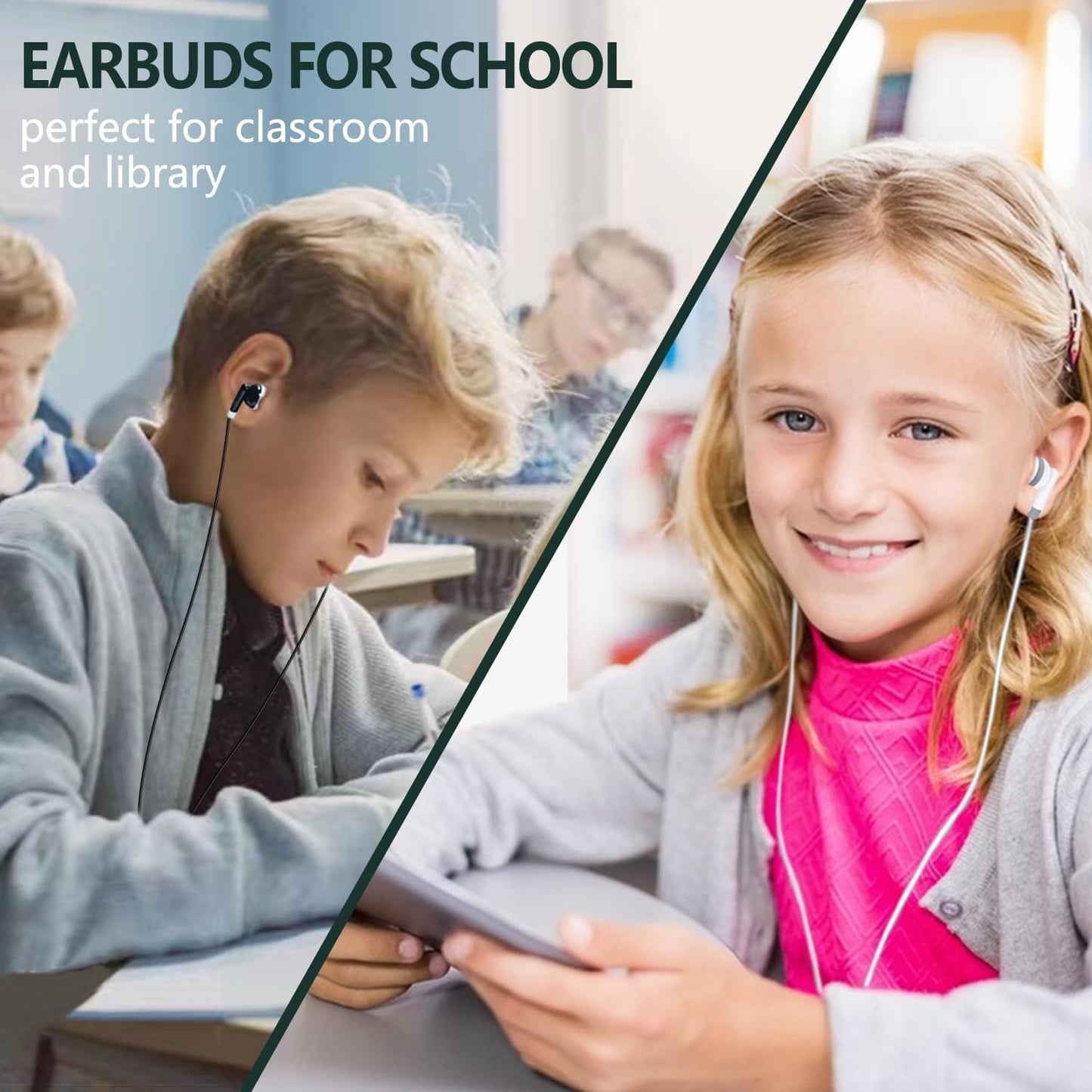 50 Pack Set Girls(XPG101, 50 Bulk Earbuds Headphones for Kids Classroom, Wholeslae Wired Earphones Class for School