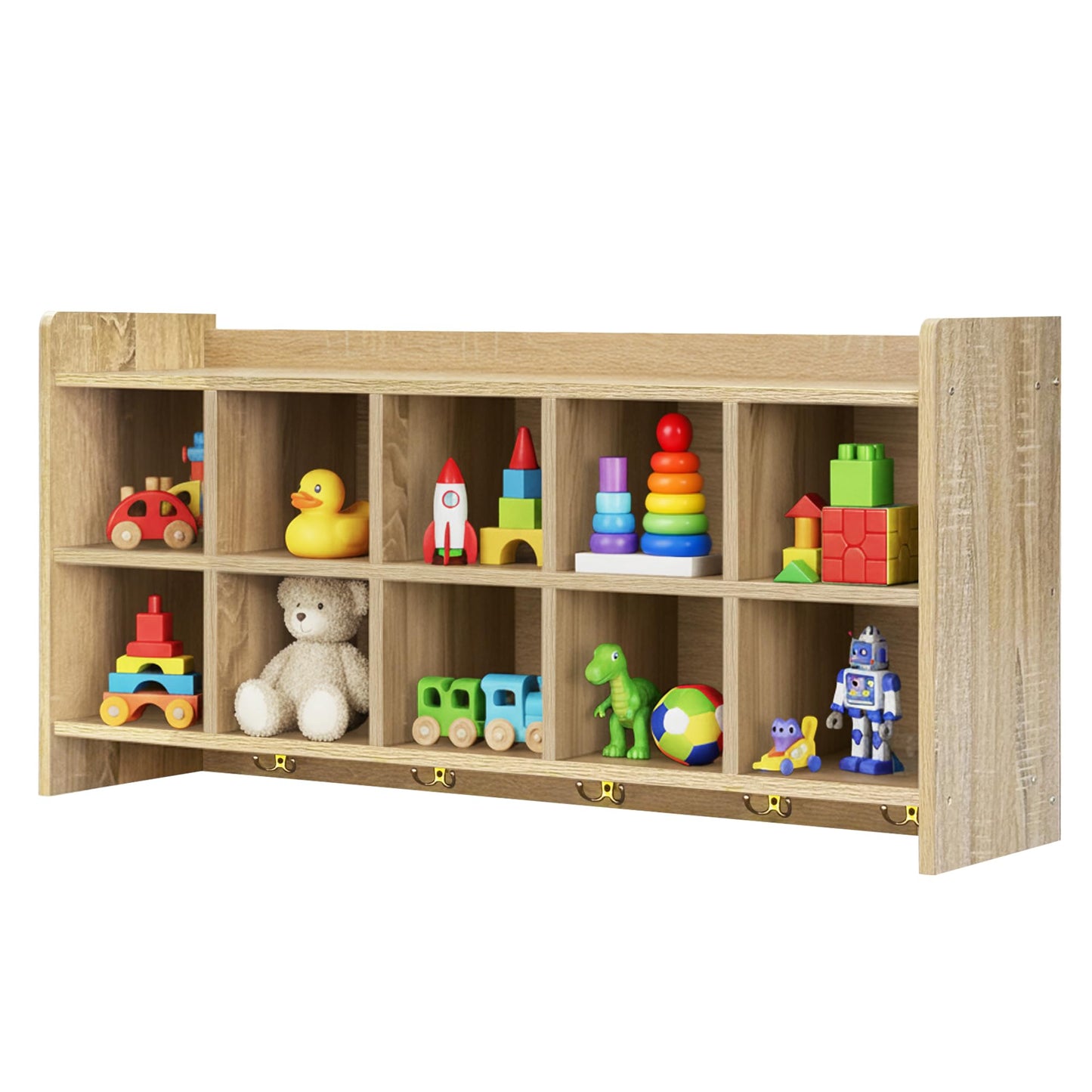 Verssure Wall Cubbies, 10 Cubby Storage Organizer with Coat Hooks, Cubbies for Classrooms,Wooden Cubby Shelf for Toys, Bags and Books, Used in School, Gym, Daycare Storge (White Oak)