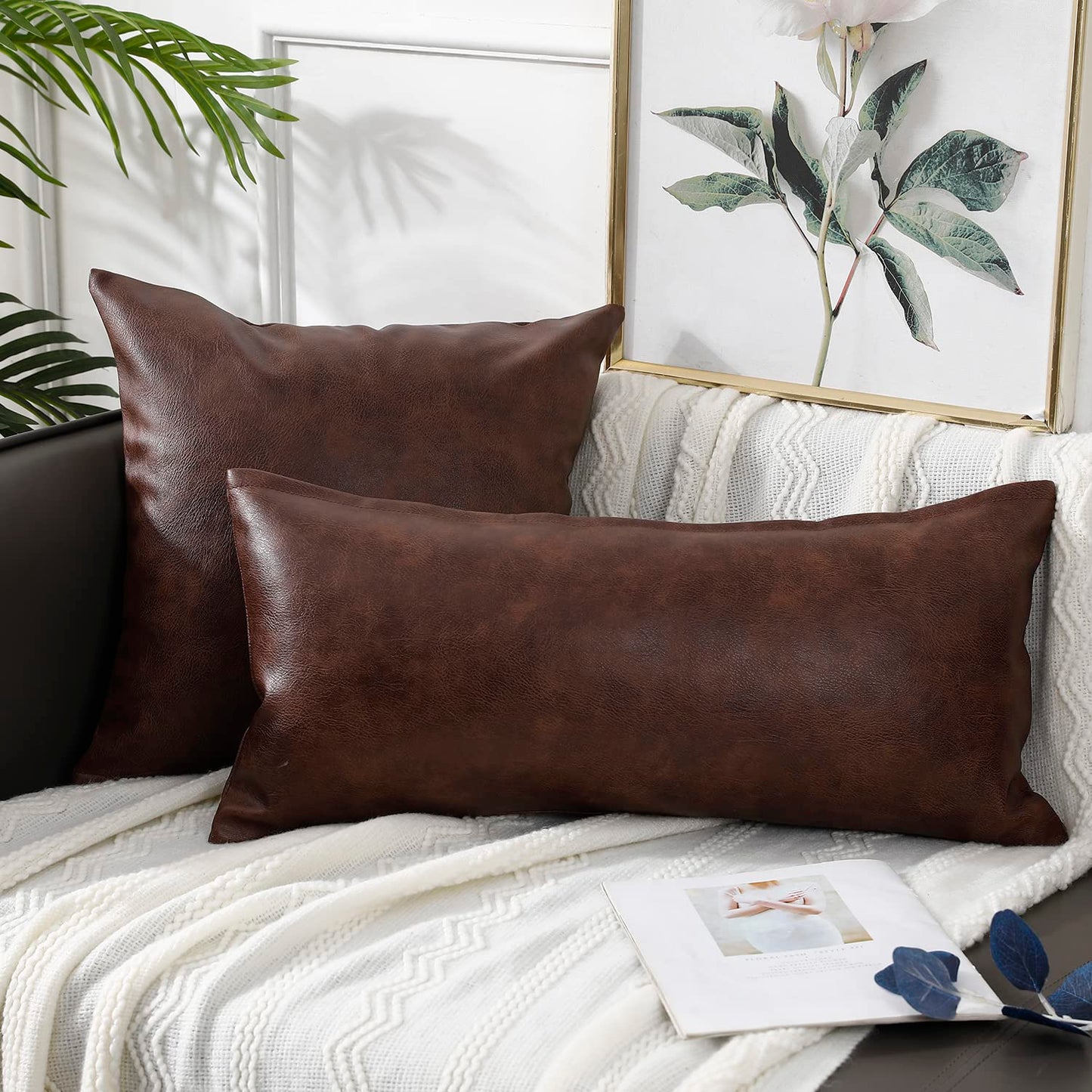PANOD Decorative Lumbar Throw Pillow Covers 14 x 36,Premium Faux Leather Long Pillow Covers Cushion Case for Farmhouse Sofa Couch Bed Livingroom,Modern Boho,Vegan Dark Brown