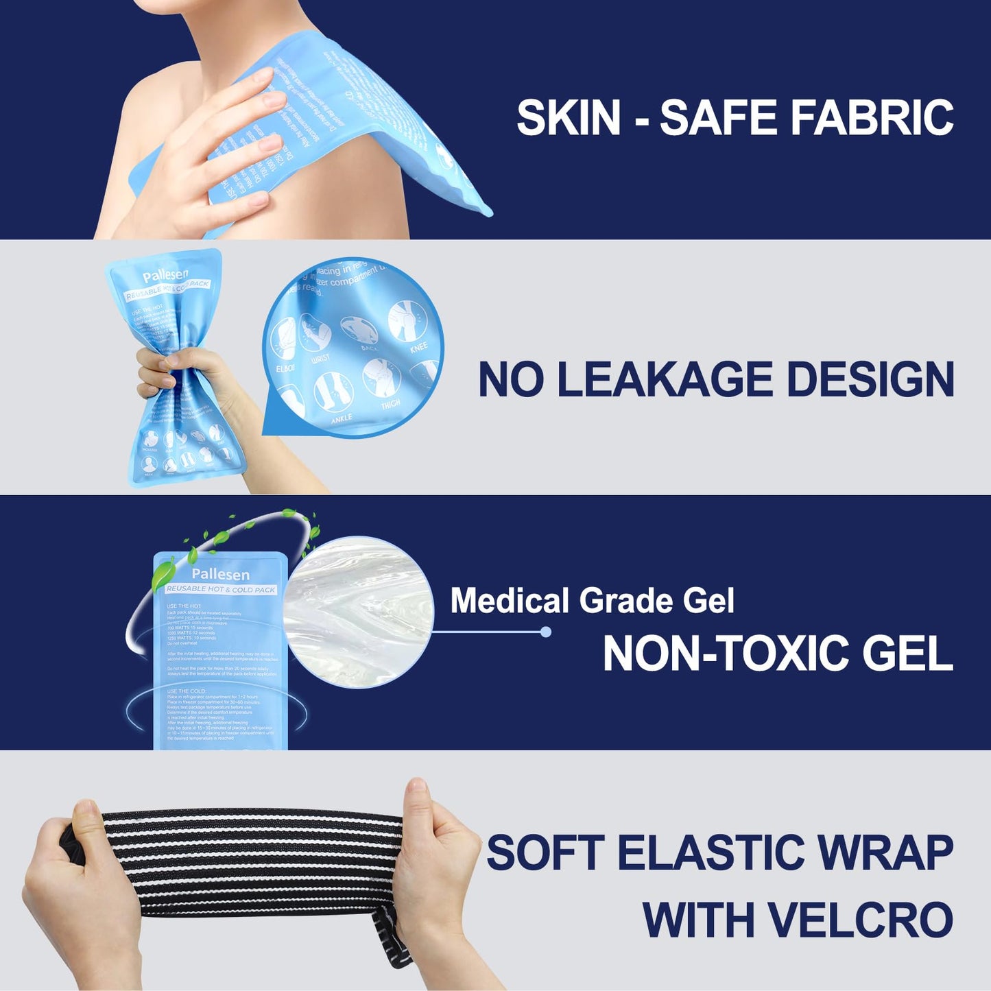 Pallesen Ice Packs, Ice Packs for Injuries Reusable, Cold Packs for Injuries, with Wrap, Flexible Therapy, Soft Gel Pack, Cold Compress for Pain Relief, Blue