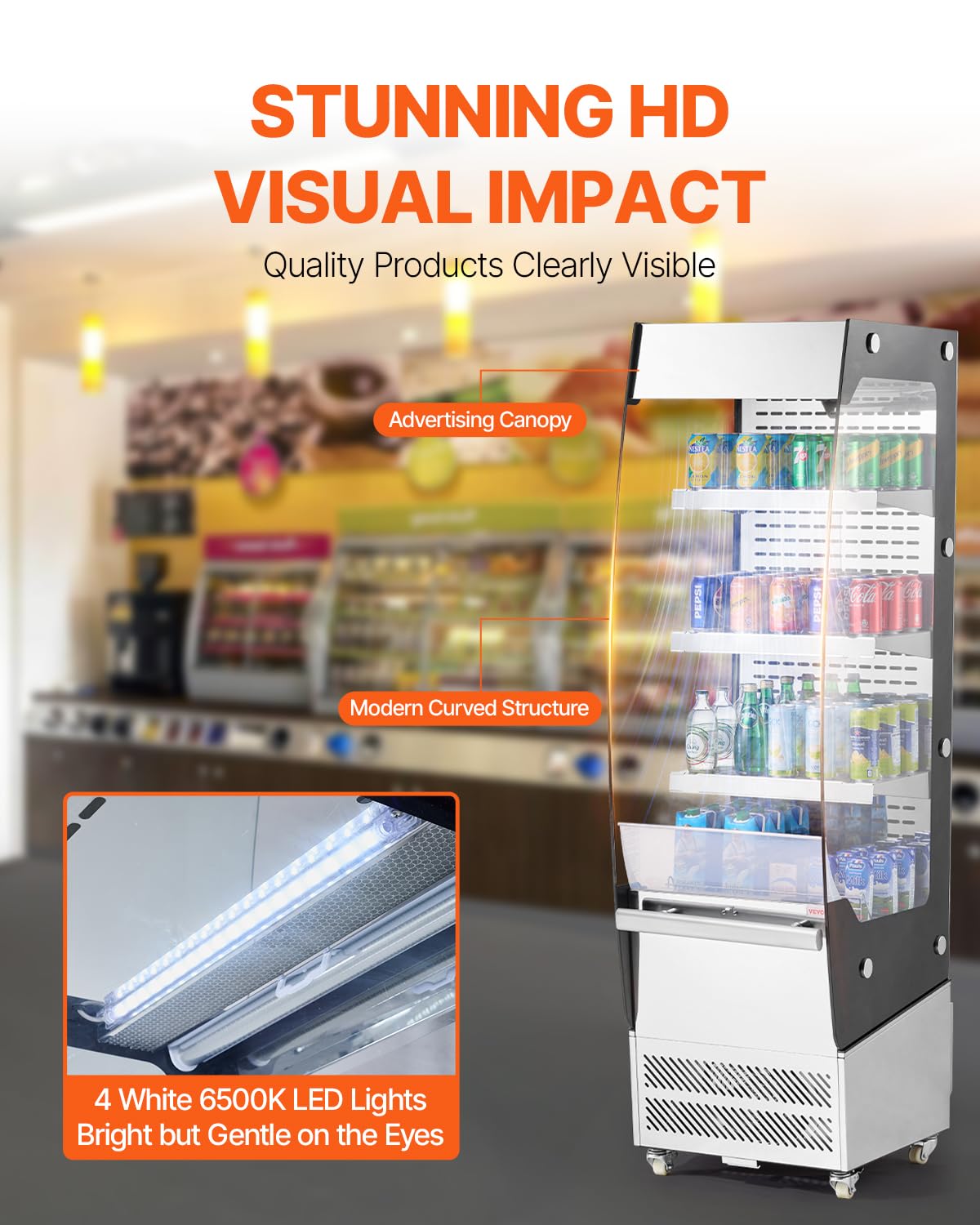 VEVOR Open Air Merchandiser, 3-Tier Shelving Commercial Refrigerator, Grab and Go Display Cooler Refrigerator with Air Curtain, 4 Swivel Wheels, LED Light, for Restaurants, Stores, Office, 7.8cu.ft.